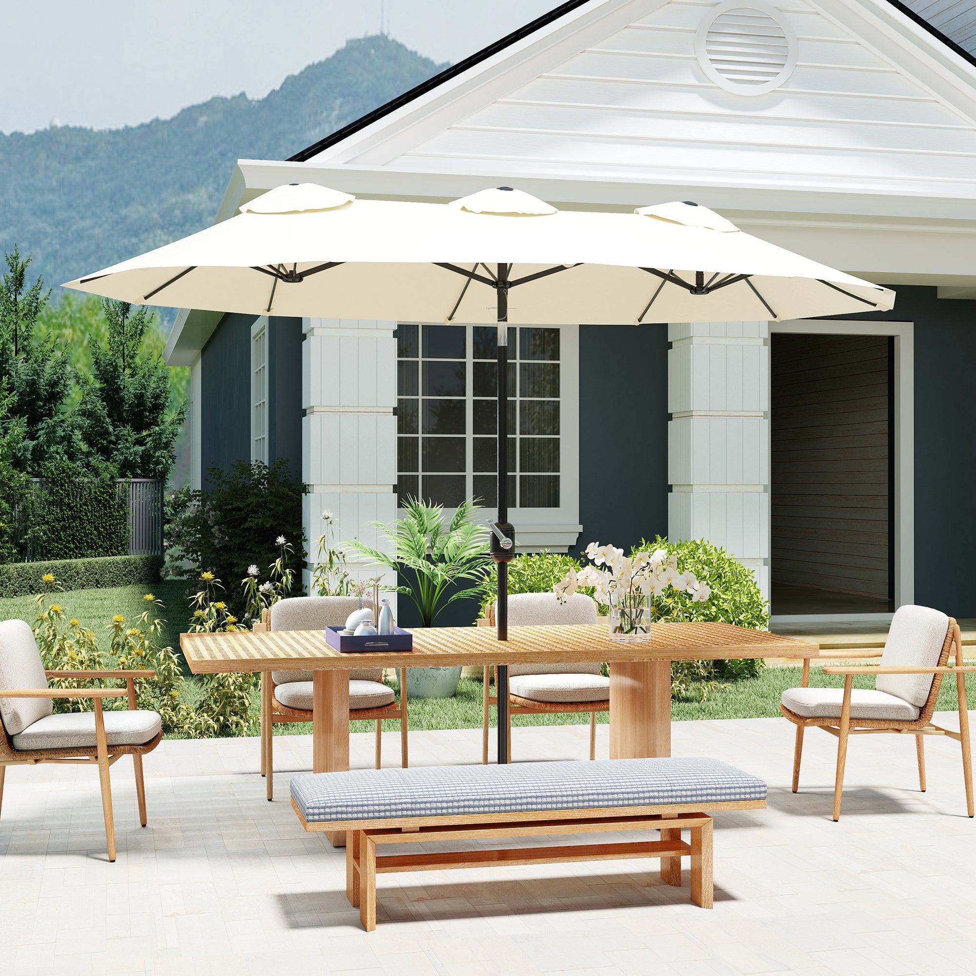 Outsunny Sombrilla Doble 2,95x1,52 m, Sombrilla Terraza Exterior con Inclinación 45°, Manivela Manual, Orificios de Ventilación, Impermeable, Parasol para Jardín, Terraza, Patio y Piscina, Crema