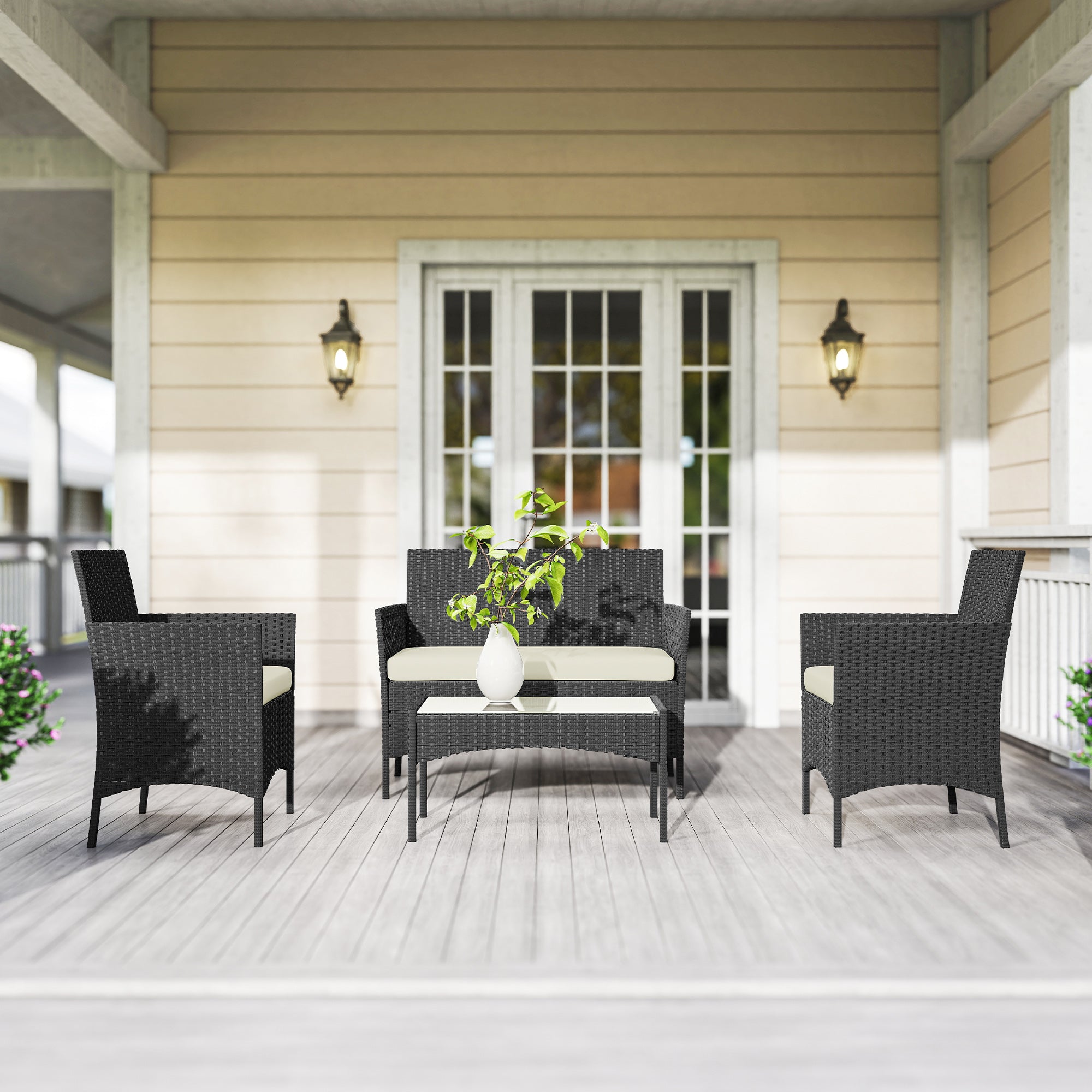 Outsunny Conjunto Jardín Exterior de Ratán con Cojines Conjunto Terraza Resistente a la Intemperie Muebles Jardín Exterior con 2 Sillones Sofá de 2 Plazas Mesa con Cristal Negro y Crema