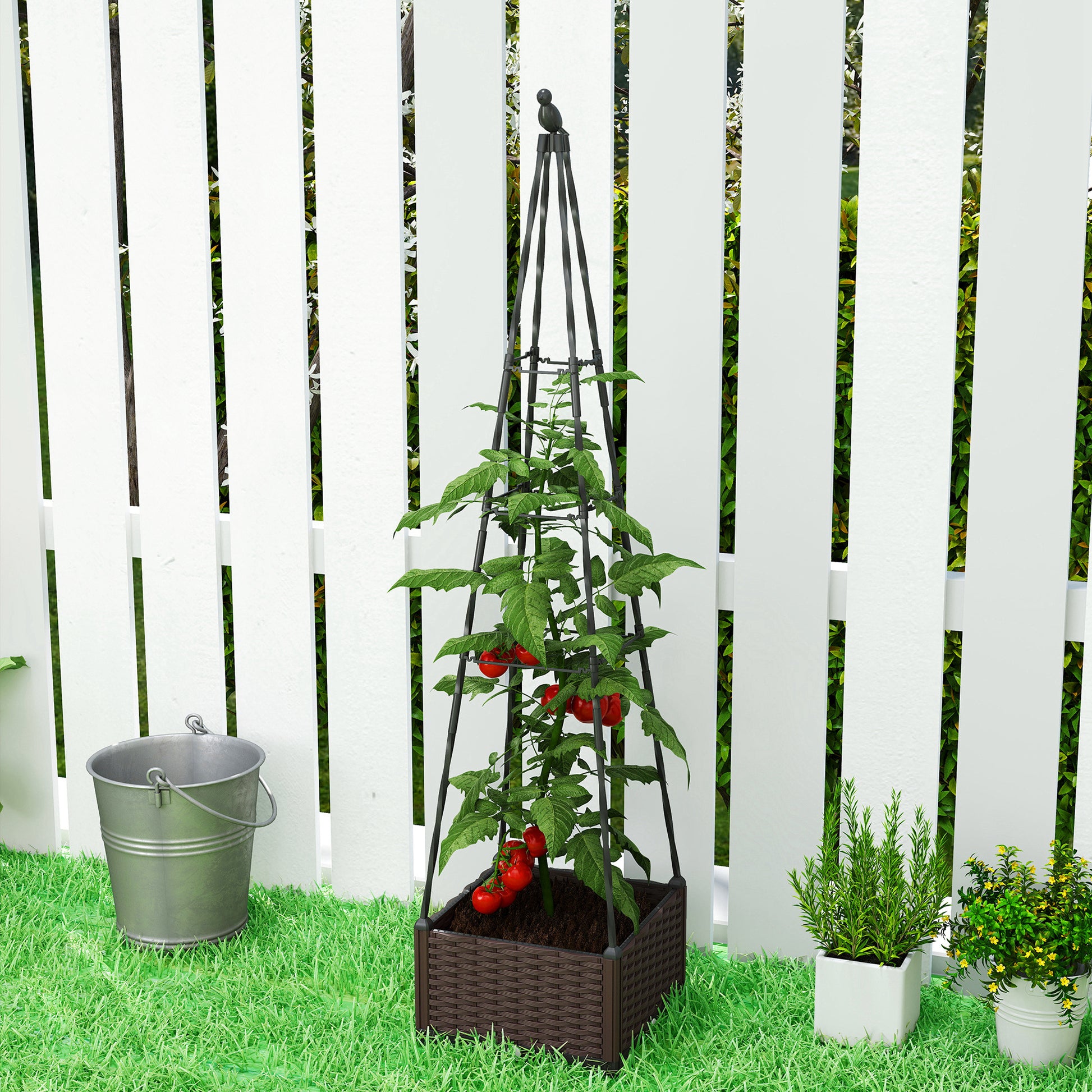 Outsunny Jardinera con Enrejado Metálico, Jardinera Exterior para Plantas Trepadoras, Maceta de PP con Orificios de Drenaje y Tapones, Macetero Elevado para Jardín, Patio, 40x40x175 cm, Negro