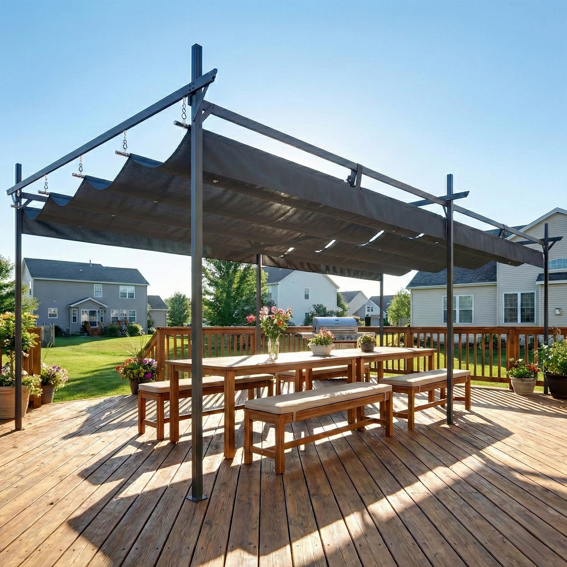 Outsunny Pérgola de Jardín 6x3 m con Techo Retráctil, Cenador de Jardín con UPF30+, Estructura Metálica, Tela de Poliéster, Pabellón para Exterior, Terraza, Gris Oscuro