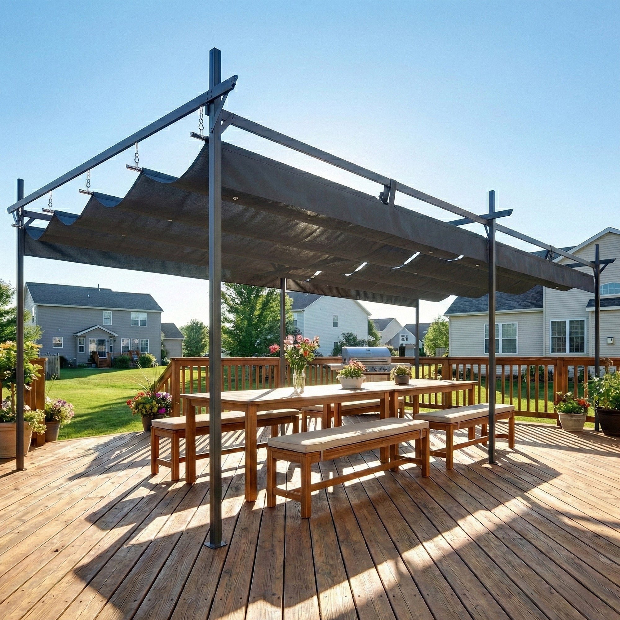 Outsunny Pérgola de Jardín 6x3 m con Techo Retráctil, Cenador de Jardín con UPF30+, Estructura Metálica, Tela de Poliéster, Pabellón para Exterior, Terraza, Gris Oscuro
