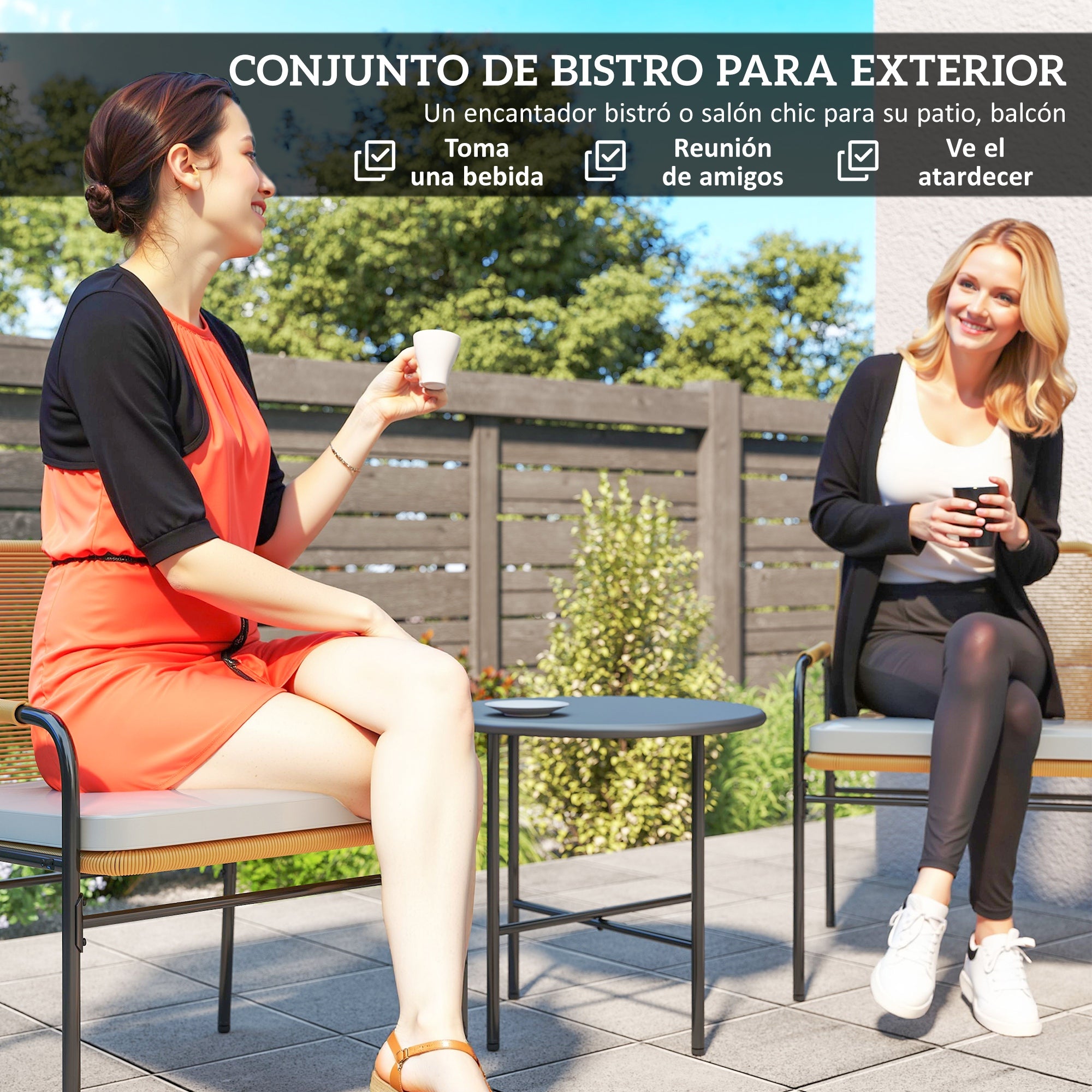 Outsunny Conjunto de Jardín Exterior de 3 Piezas Muebles de Jardín con 2 Sillas con Cojines Extraíbles Lavables y Mesa de Terraza con Tablero de Metal Resistente para Balcón Patio Natural y Crema