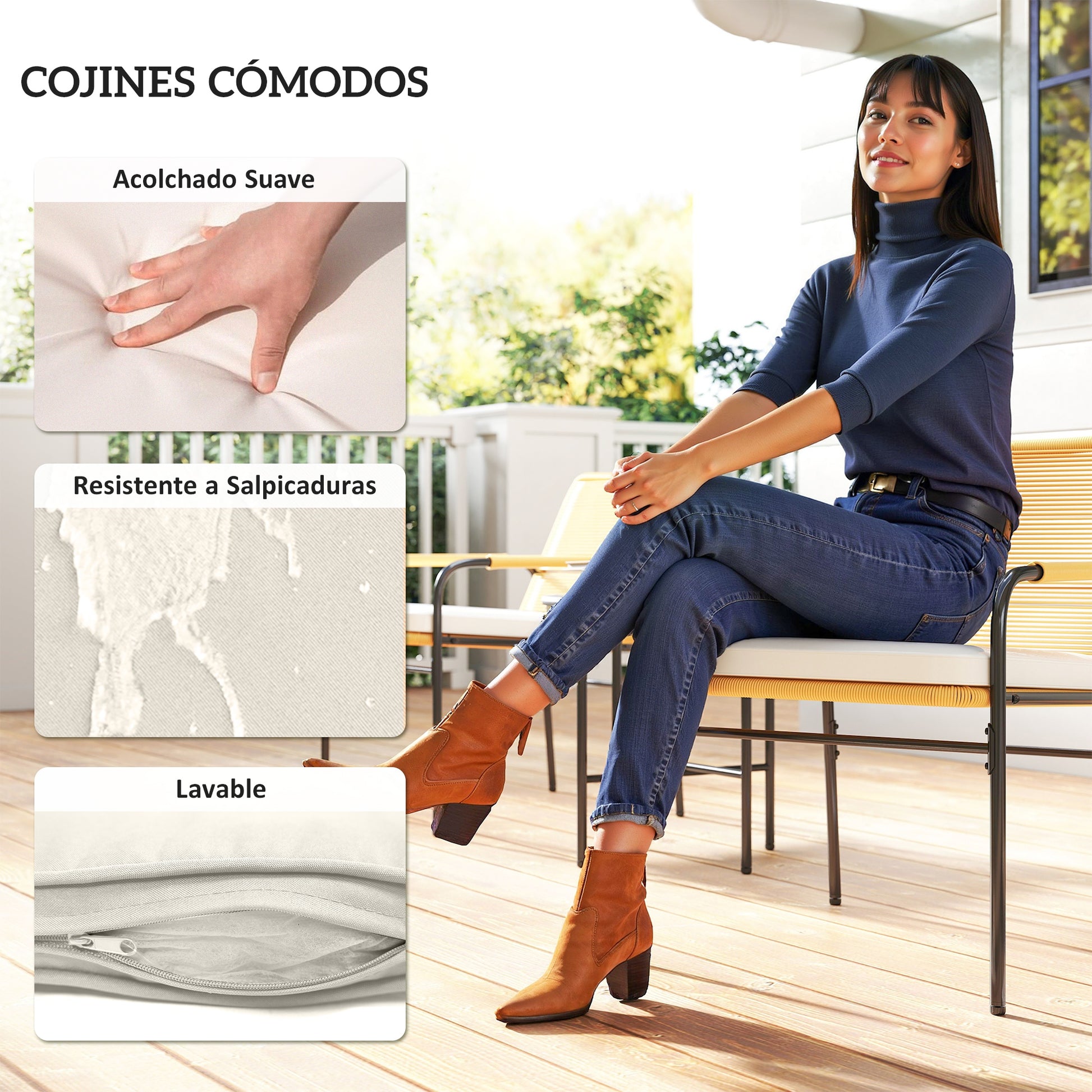 Outsunny Conjunto de Jardín Exterior de 3 Piezas Muebles de Jardín con 2 Sillas con Cojines Extraíbles Lavables y Mesa de Terraza con Tablero de Metal Resistente para Balcón Patio Natural y Crema