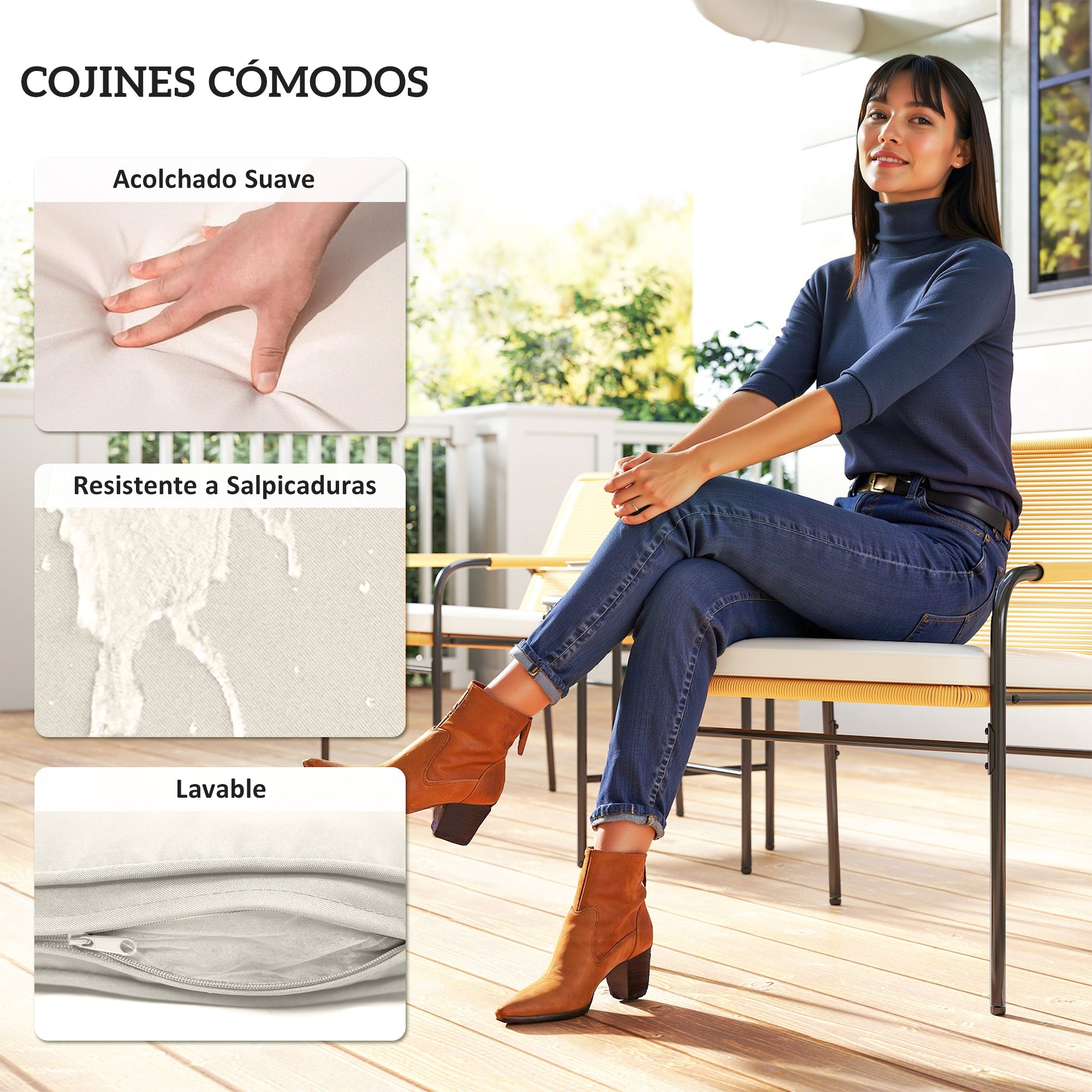 Outsunny Conjunto de Jardín Exterior de 3 Piezas Muebles de Jardín con 2 Sillas con Cojines Extraíbles Lavables y Mesa de Terraza con Tablero de Metal Resistente para Balcón Patio Natural y Crema