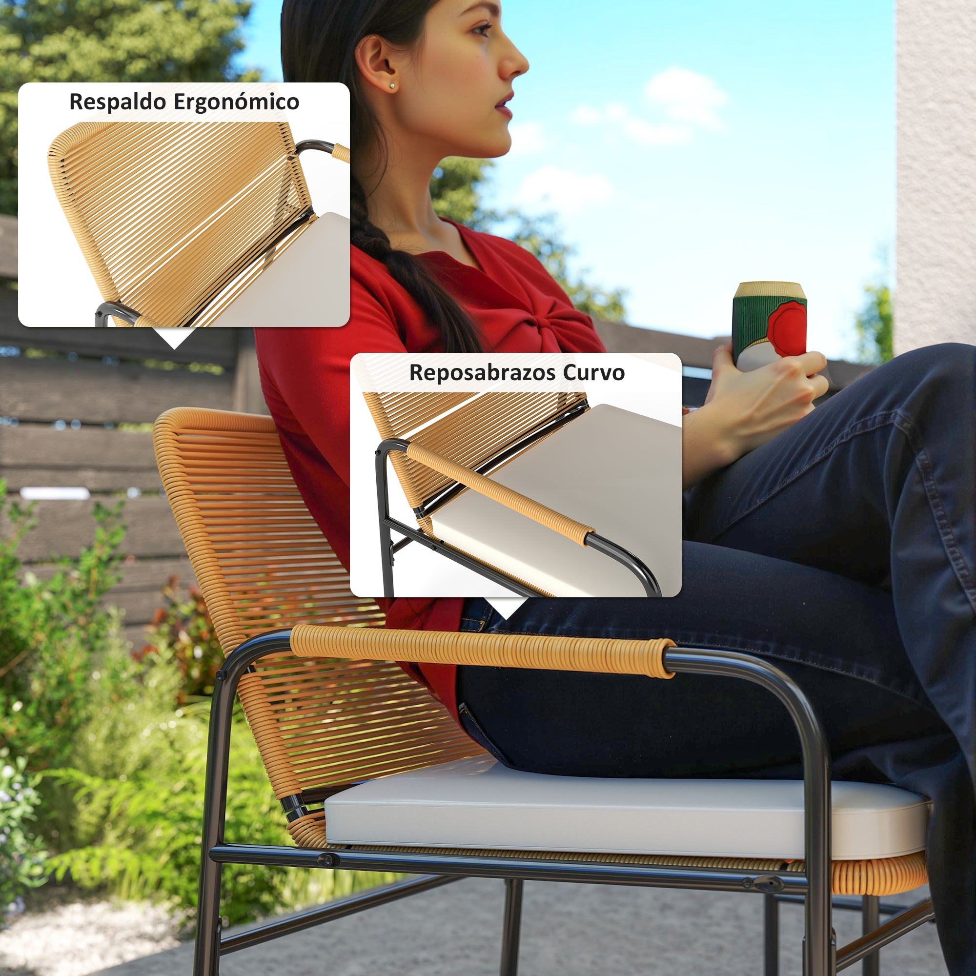 Outsunny Conjunto de Jardín Exterior de 3 Piezas Muebles de Jardín con 2 Sillas con Cojines Extraíbles Lavables y Mesa de Terraza con Tablero de Metal Resistente para Balcón Patio Natural y Crema