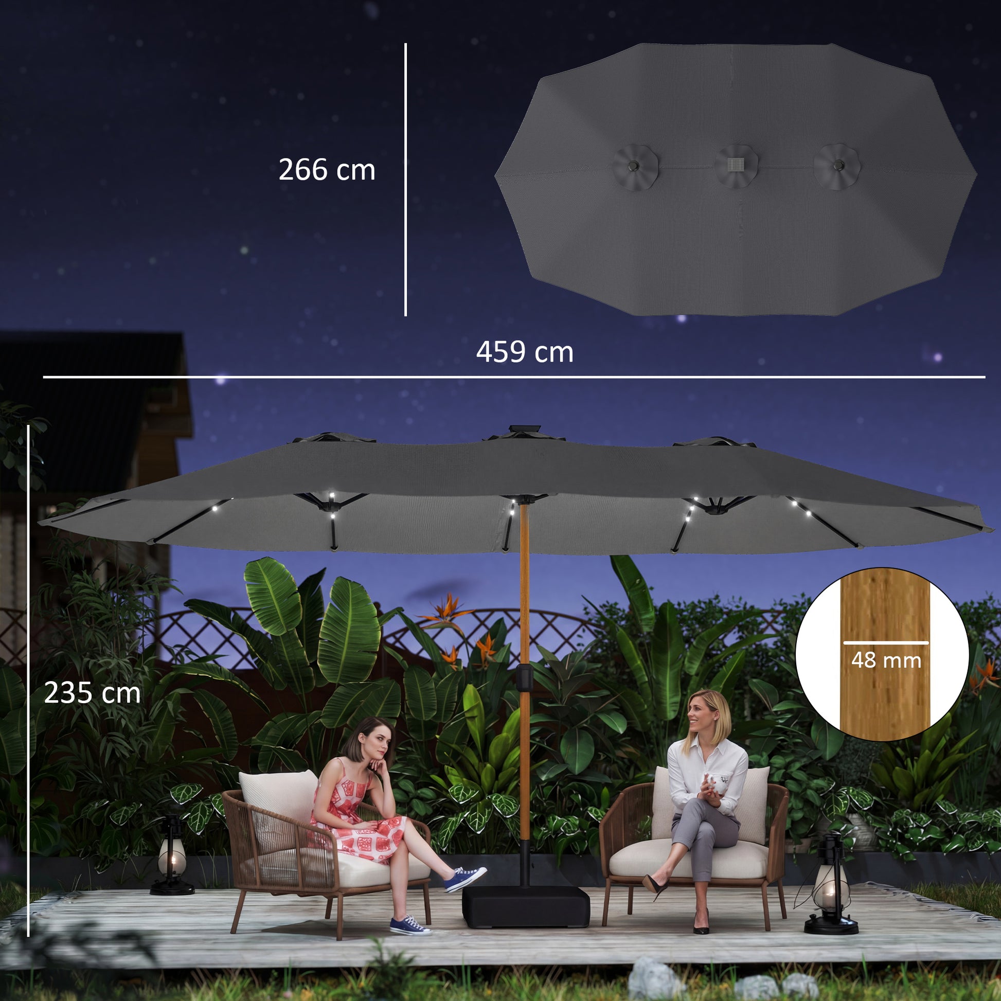 Outsunny Sombrilla Doble con 48 Luces LED, 4,6x2,6 m, Sombrilla Terraza Exterior con Base Incluida, Manivela, Sacos Arena, Funda, Anti-UV, Resistente al Agua, Parasol para Jardín, Terraza, Gris