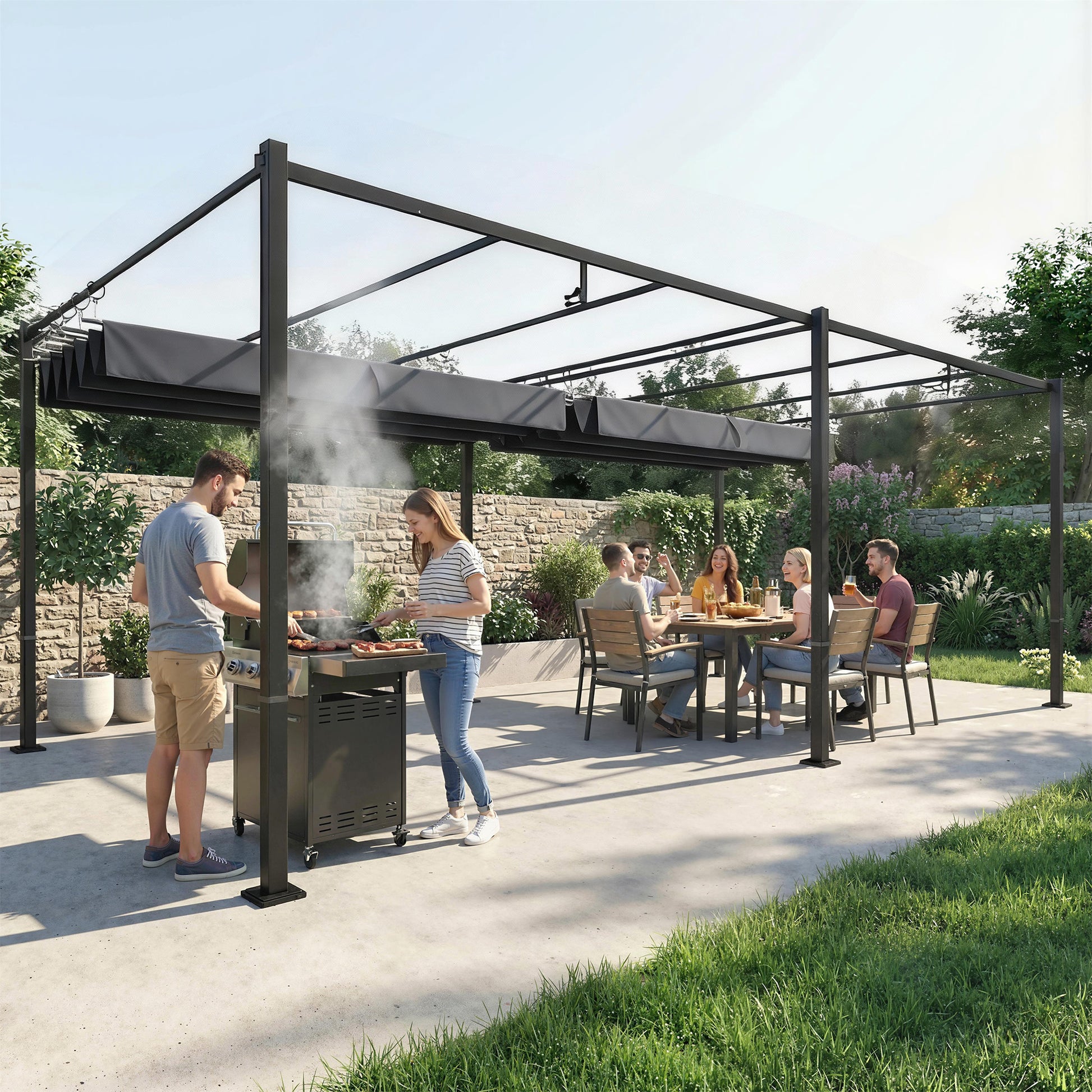 Outsunny Pérgola de Jardín 6x3 m con Techo Retráctil, Cenador de Jardín con Protección UPF50+, Drenaje, Estructura Metálica, Pabellón para Patio, Terraza, Exterior, Gris Oscuro