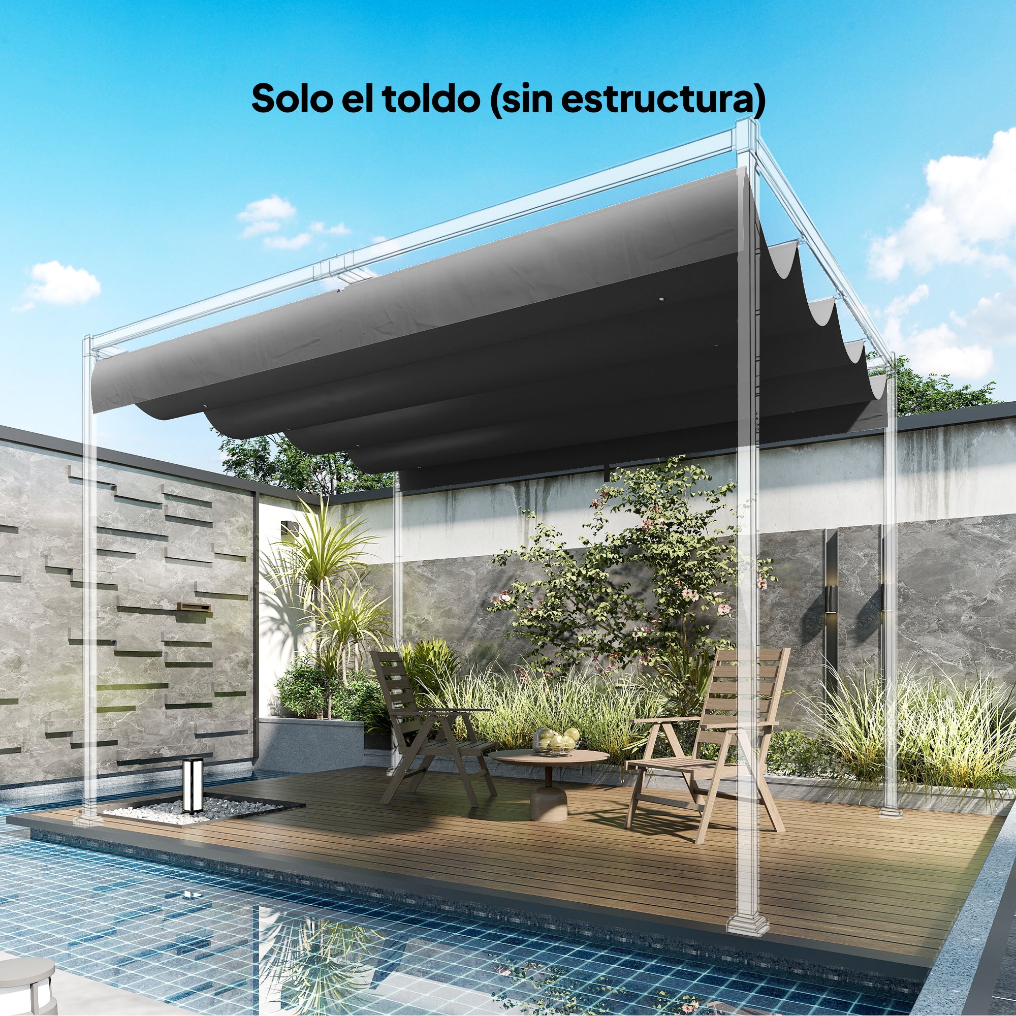 Outsunny Techo de Pérgola 4 x 3,5 m, Techo de Repuesto Retráctil para Marco de Pérgola de 4x3 m, UV30+, Toldo de Tela Solo para Cenador Jardín con 8 Orificios de Drenaje, Gris Oscuro