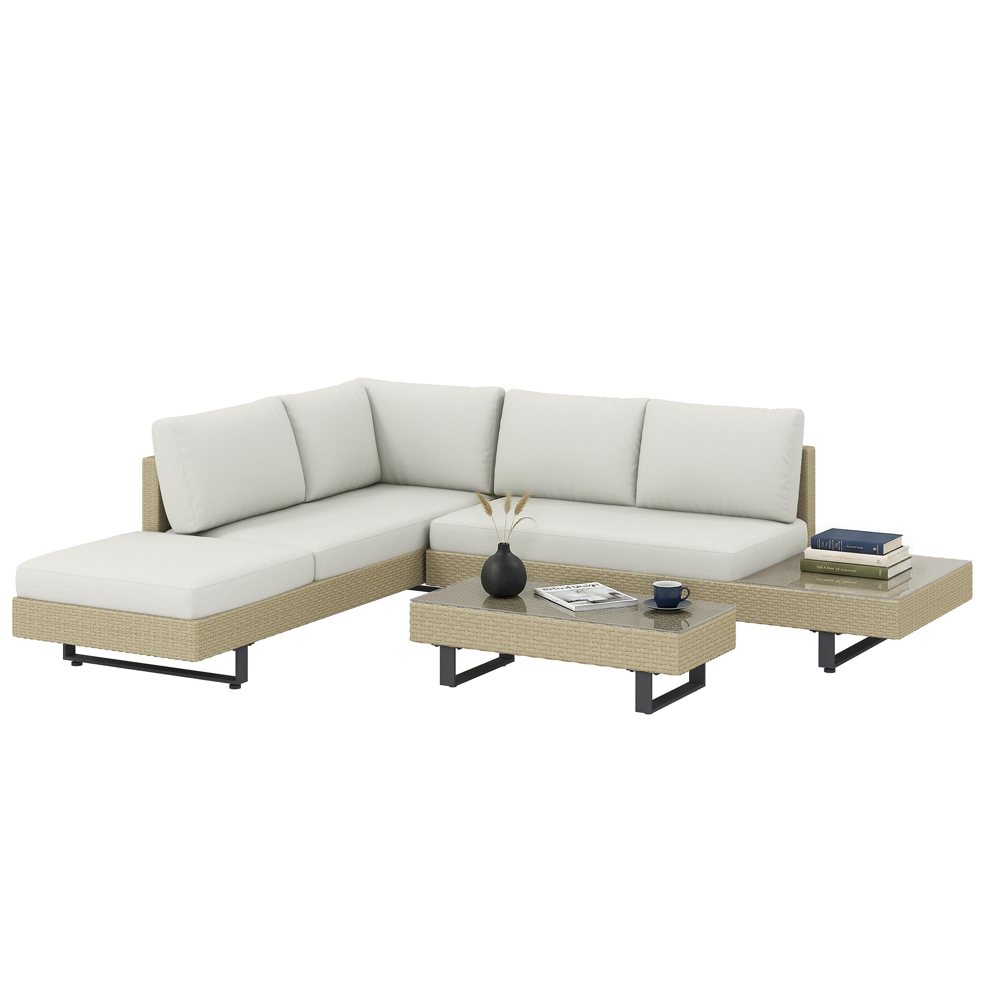 Outsunny Conjunto de Jardín de Ratán de 3 Piezas, Conjunto Terraza Resistente, Muebles Jardín Exterior Incluye Cojines, Sofá de 3 Plazas, Sofá de 2 Plazas con Mesa Lateral, Mesa Centro de Vidrio Beige