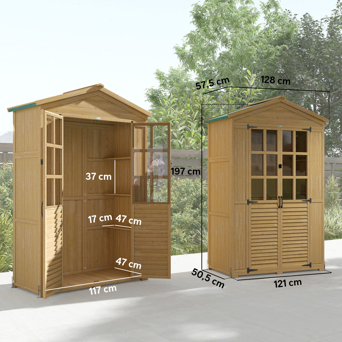 Outsunny Caseta de Jardín de Madera, Cobertizo Jardín Exterior Pequeño con Estantes y Ventanas de Acrílico, Techo de Asfalto y Puertas con Pestillo, para Herramientas, 128x57,5x197 cm, Marrón Claro