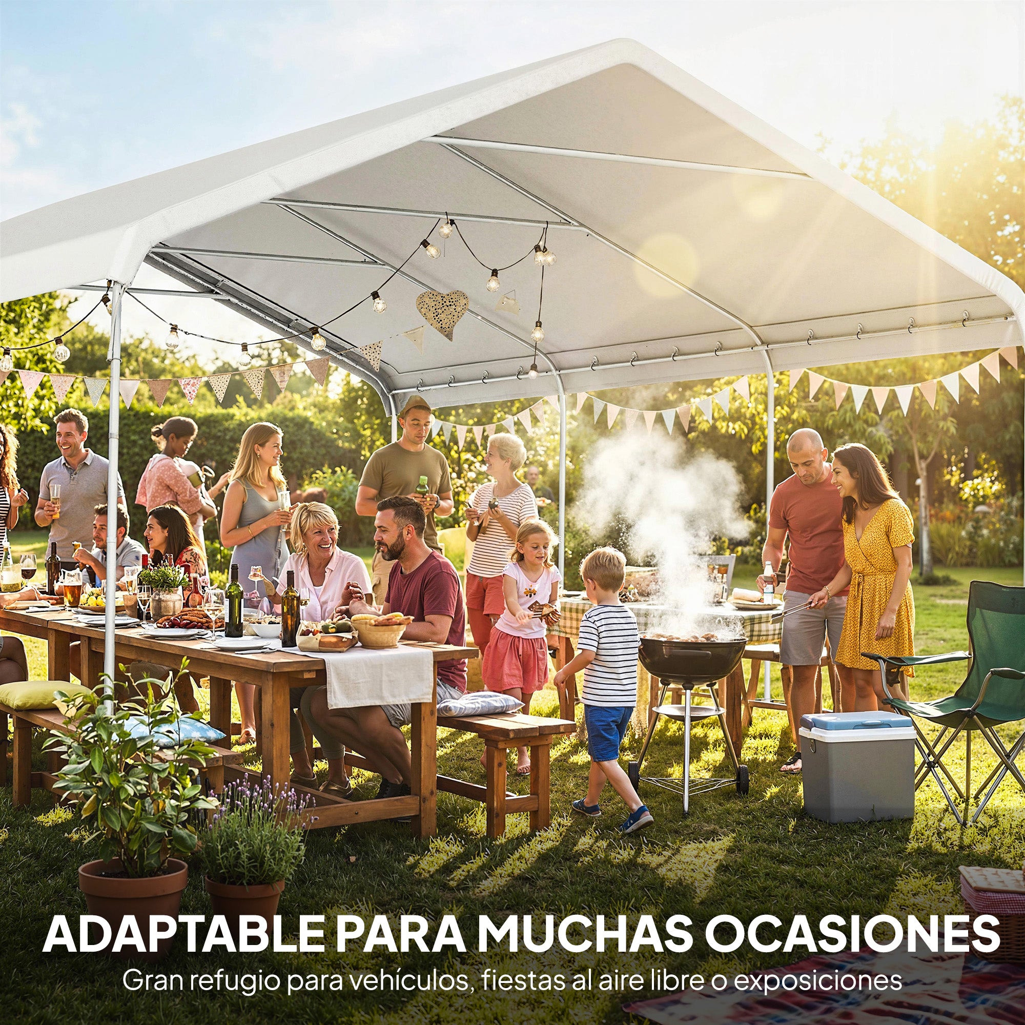 Outsunny Carpa Garaje Portátil 5x6 m, Garaje Exterior para Coche Impermeable con Estructura de Acero Galvanizado, Toldo Resistente Anti-UV, Cobertizo para Herramientas de Jardín, Blanco Crema