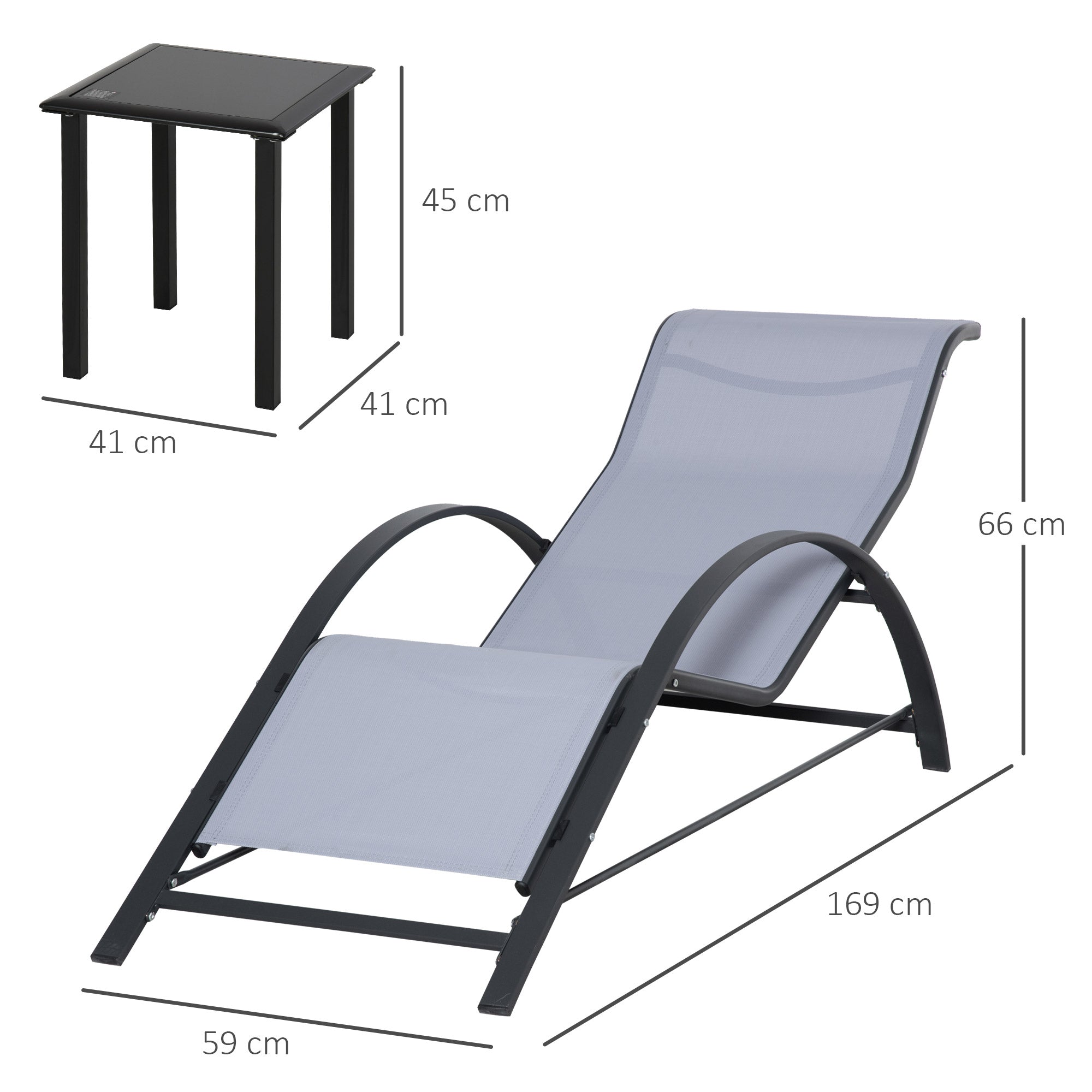 Outsunny Set de 2 Tumbonas Jardín Exterior con Mesa Auxiliar de Vidrio Templado Tumbonas con Respaldo Reposabrazos para Patio Piscina Terraza Exterior Gris