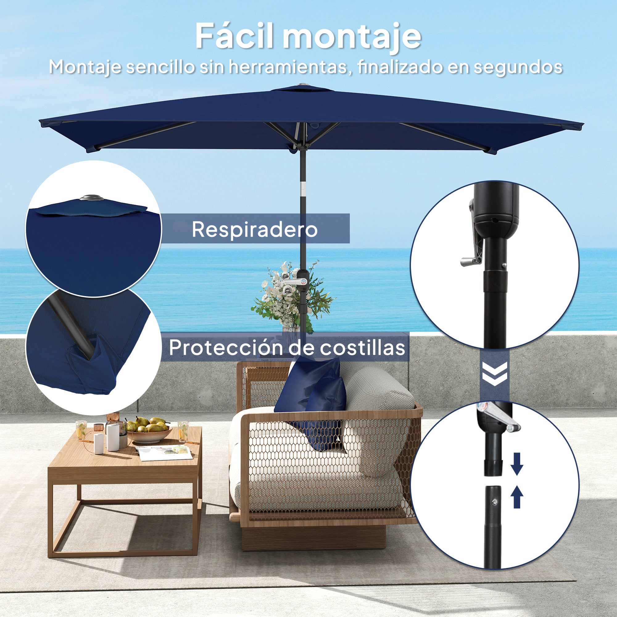 Outsunny Sombrilla de Terraza Exterior, 198x294 cm, Parasol de Terraza Exterior con Ángulo Ajustable, Manivela, Mástil de Aluminio Desmontable y Anti-UV, Sombrilla para Jardín, Patio, Azul Marino