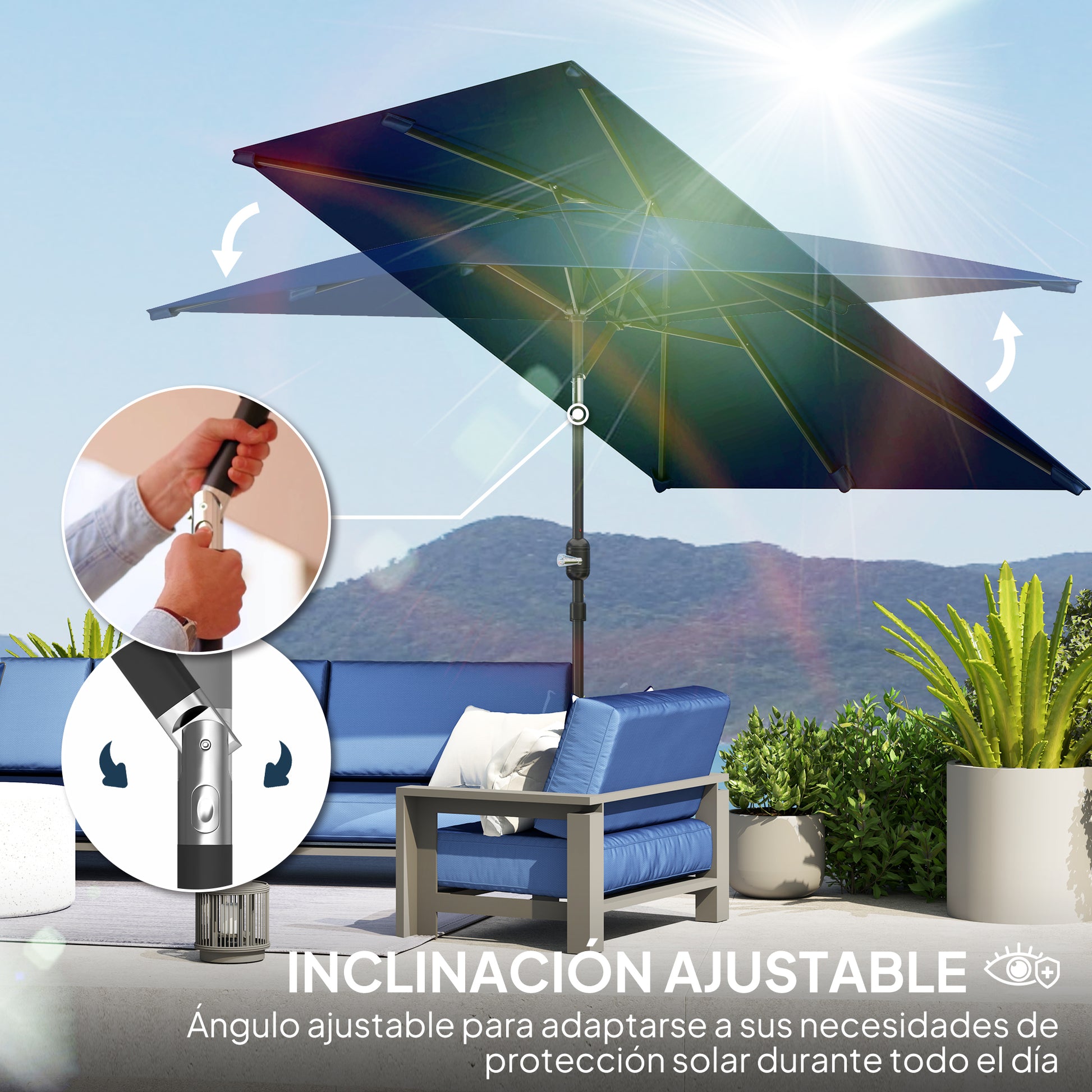 Outsunny Sombrilla de Terraza Exterior, 198x294 cm, Parasol de Terraza Exterior con Ángulo Ajustable, Manivela, Mástil de Aluminio Desmontable y Anti-UV, Sombrilla para Jardín, Patio, Azul Marino