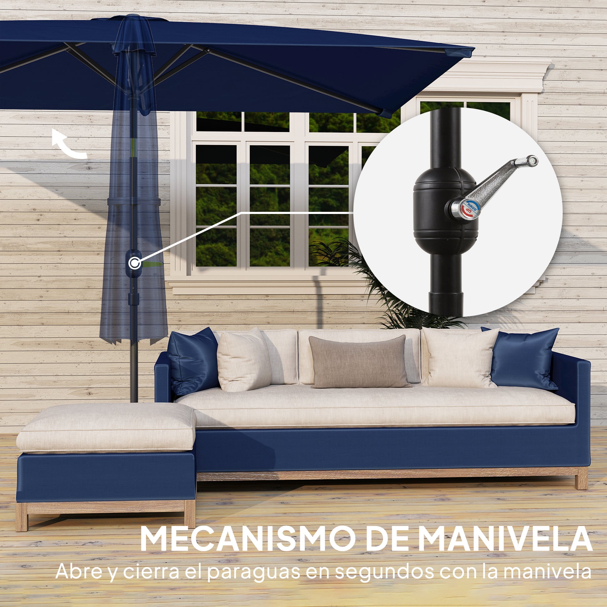 Outsunny Sombrilla de Terraza Exterior, 198x294 cm, Parasol de Terraza Exterior con Ángulo Ajustable, Manivela, Mástil de Aluminio Desmontable y Anti-UV, Sombrilla para Jardín, Patio, Azul Marino