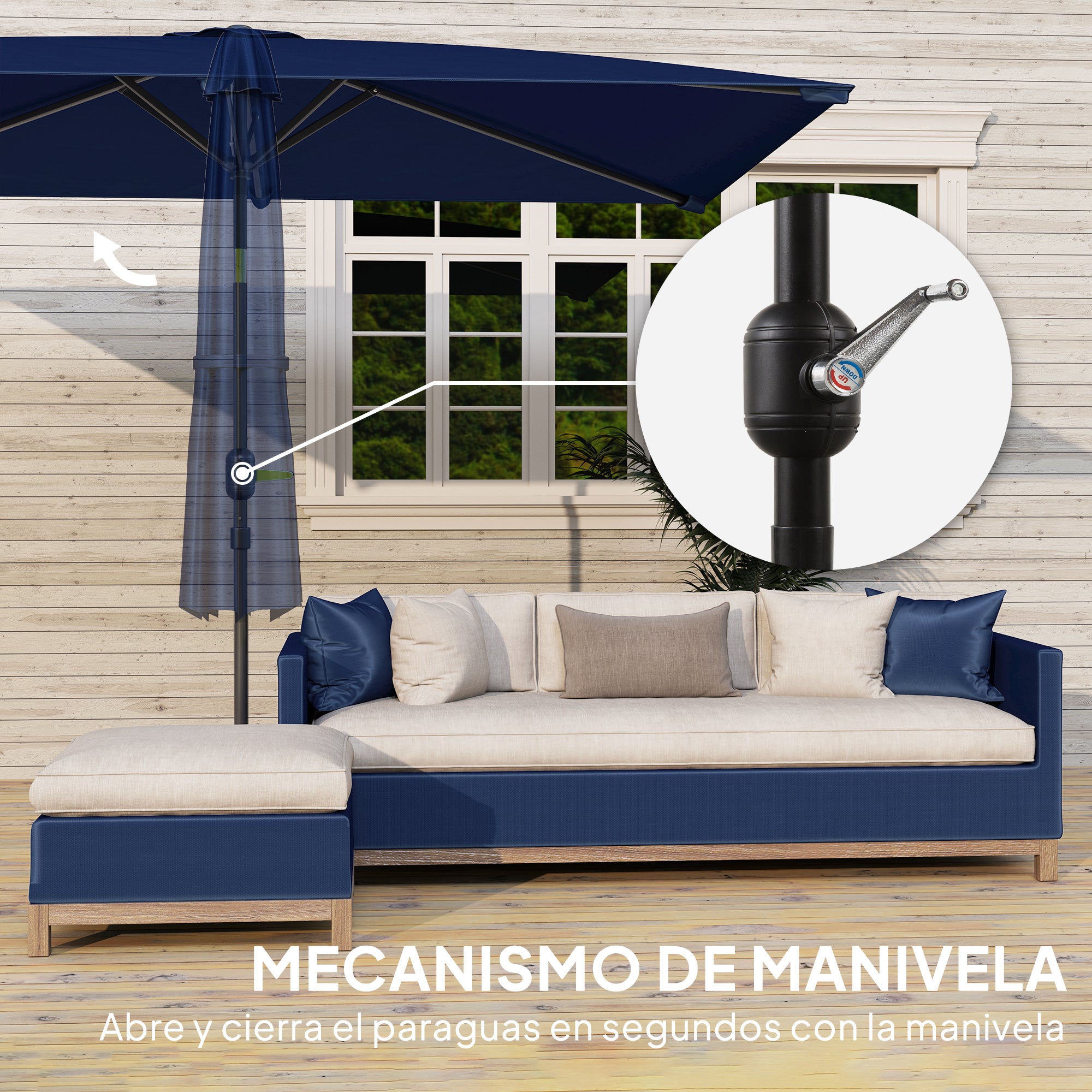 Outsunny Sombrilla de Terraza Exterior, 198x294 cm, Parasol de Terraza Exterior con Ángulo Ajustable, Manivela, Mástil de Aluminio Desmontable y Anti-UV, Sombrilla para Jardín, Patio, Azul Marino