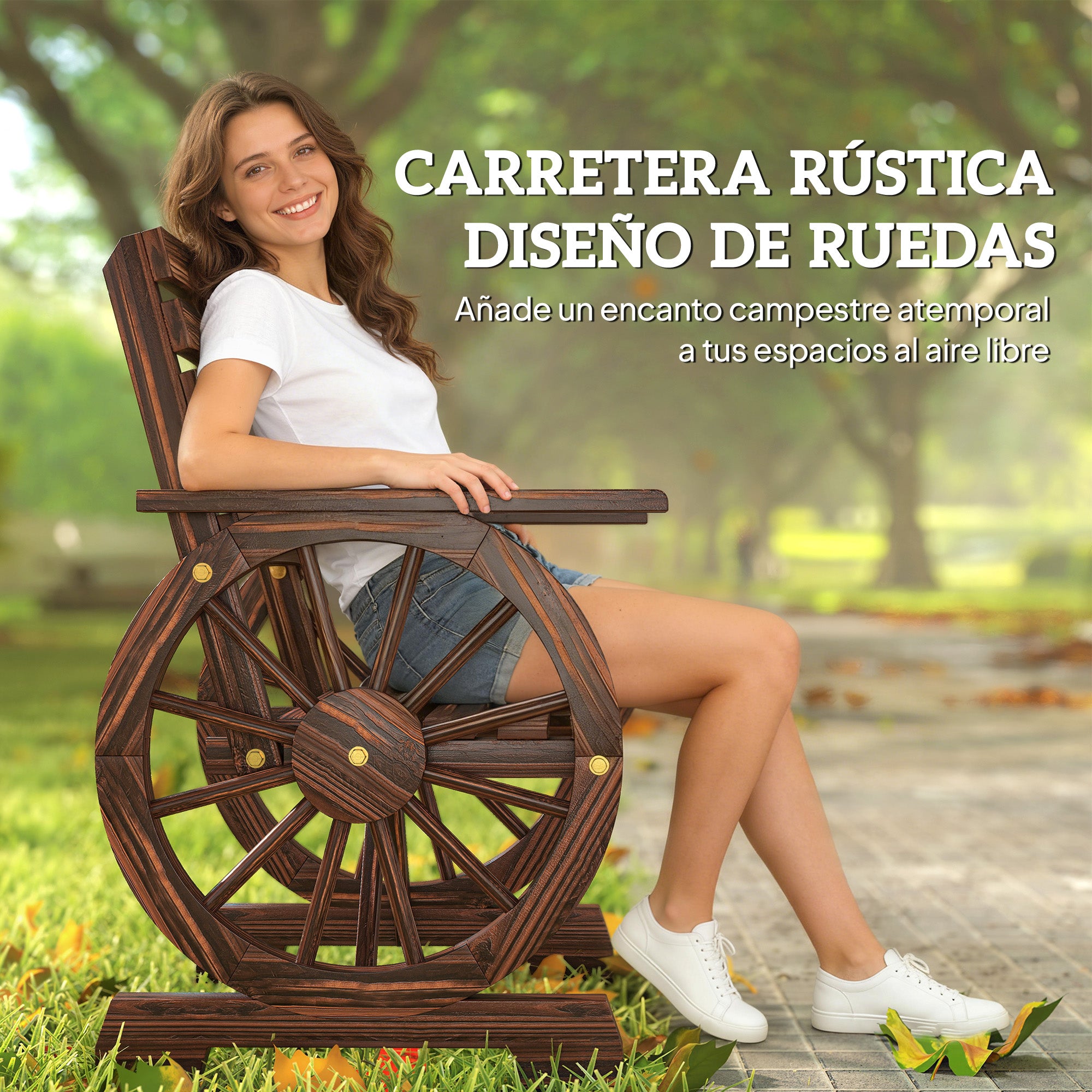 Outsunny Silla de Jardín de Madera de 2 Plazas, Silla Asiento con Brazos de Rueda de Vagón, Respaldo Inclinado, Estilo Rústico, Carga 120 kg, para Patio, Terraza, Parque, 66x55x90 cm, Carbonizado
