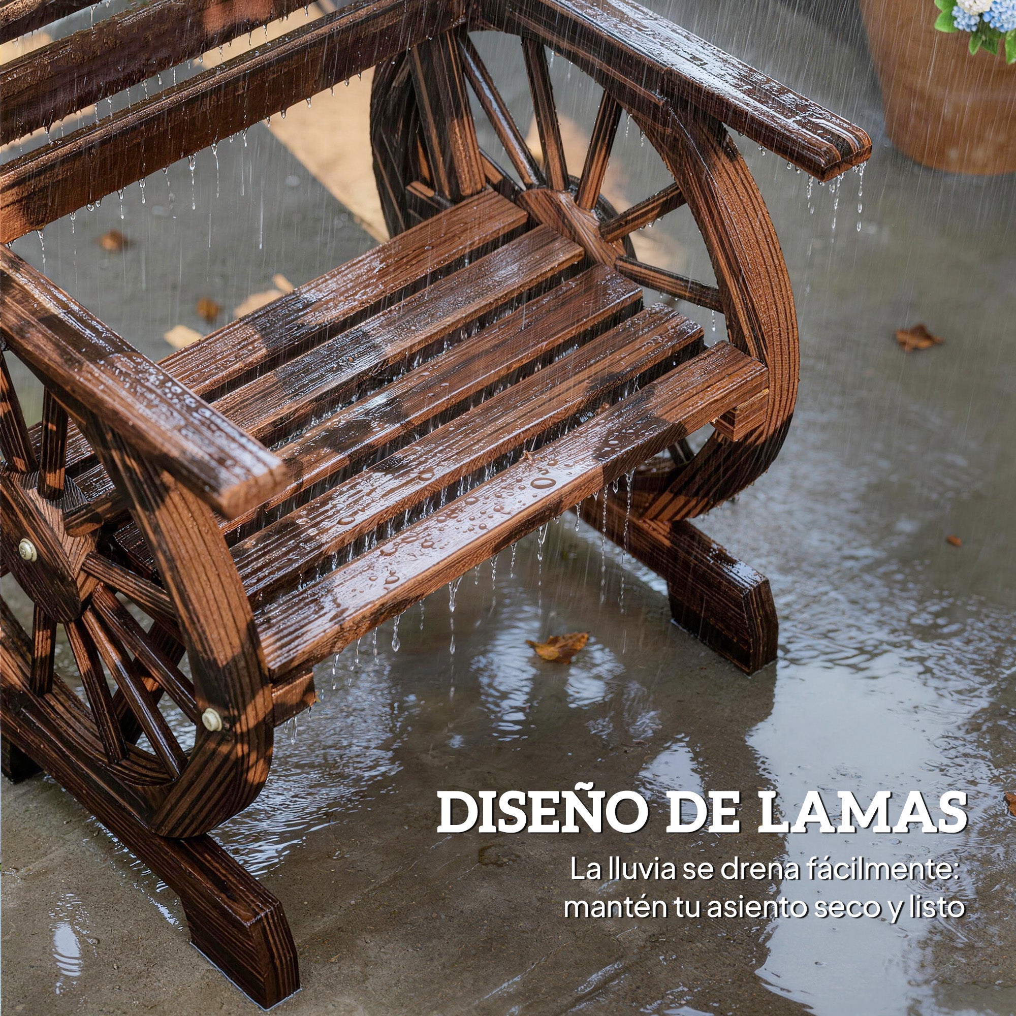 Outsunny Silla de Jardín de Madera de 2 Plazas, Silla Asiento con Brazos de Rueda de Vagón, Respaldo Inclinado, Estilo Rústico, Carga 120 kg, para Patio, Terraza, Parque, 66x55x90 cm, Carbonizado