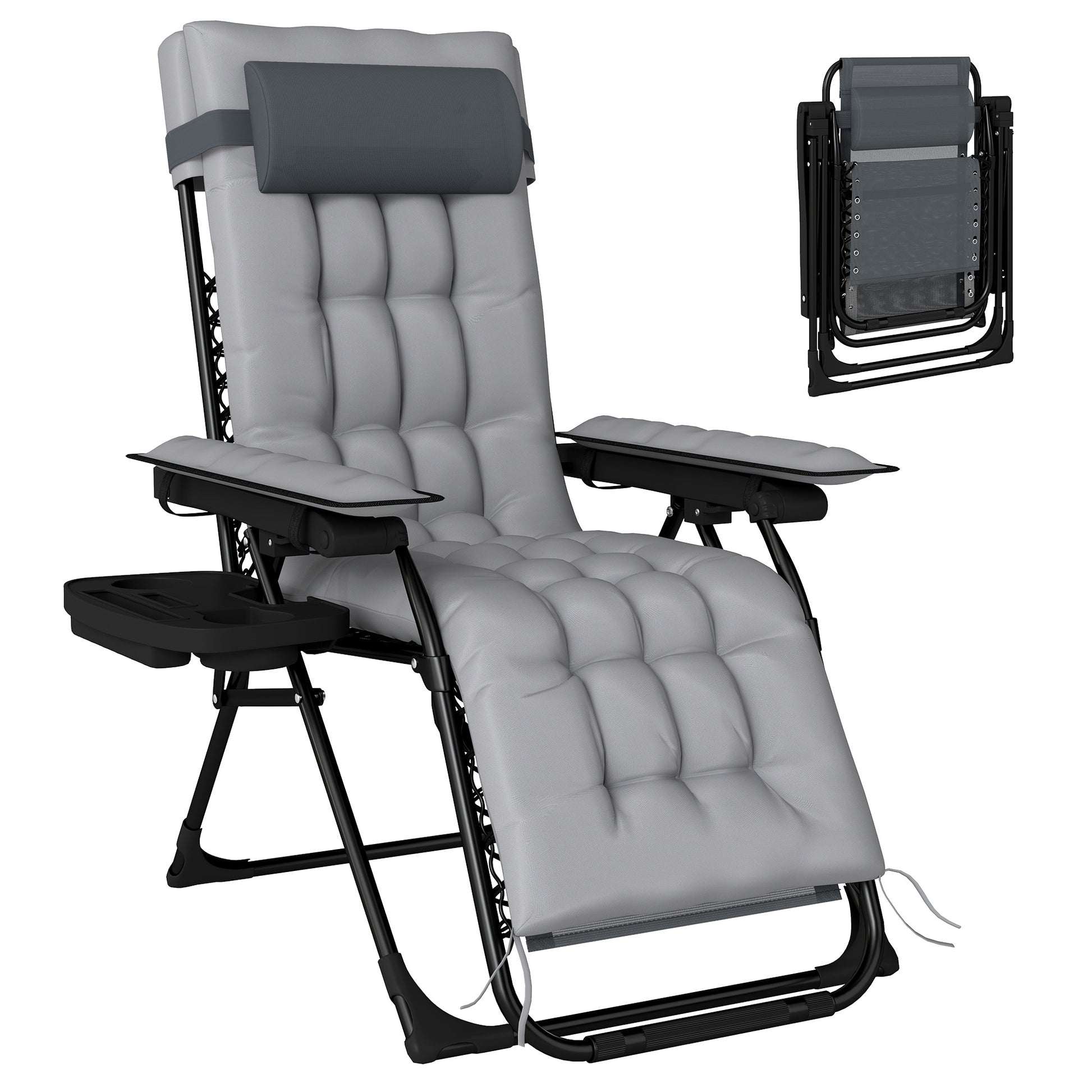 Outsunny Silla de Gravedad Cero, Tumbona Plegable de Jardín Exterior, Tumbona Reclinable Ajustable con Reposabrazos, Reposacabezas, Cojín, Portavasos y Almohada, para Patio, Playa, Terraza, Gris Claro