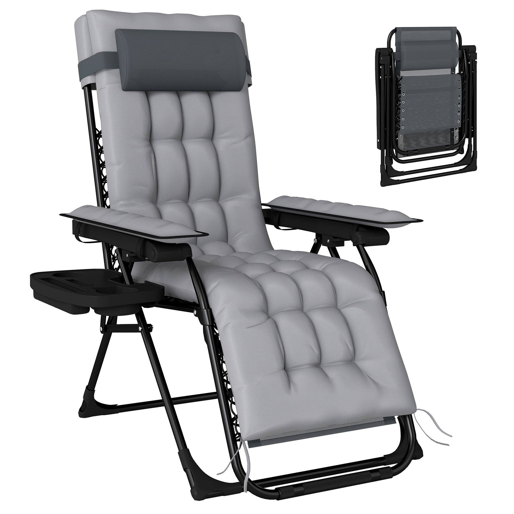 Outsunny Silla de Gravedad Cero, Tumbona Plegable de Jardín Exterior, Tumbona Reclinable Ajustable con Reposabrazos, Reposacabezas, Cojín, Portavasos y Almohada, para Patio, Playa, Terraza, Gris Claro