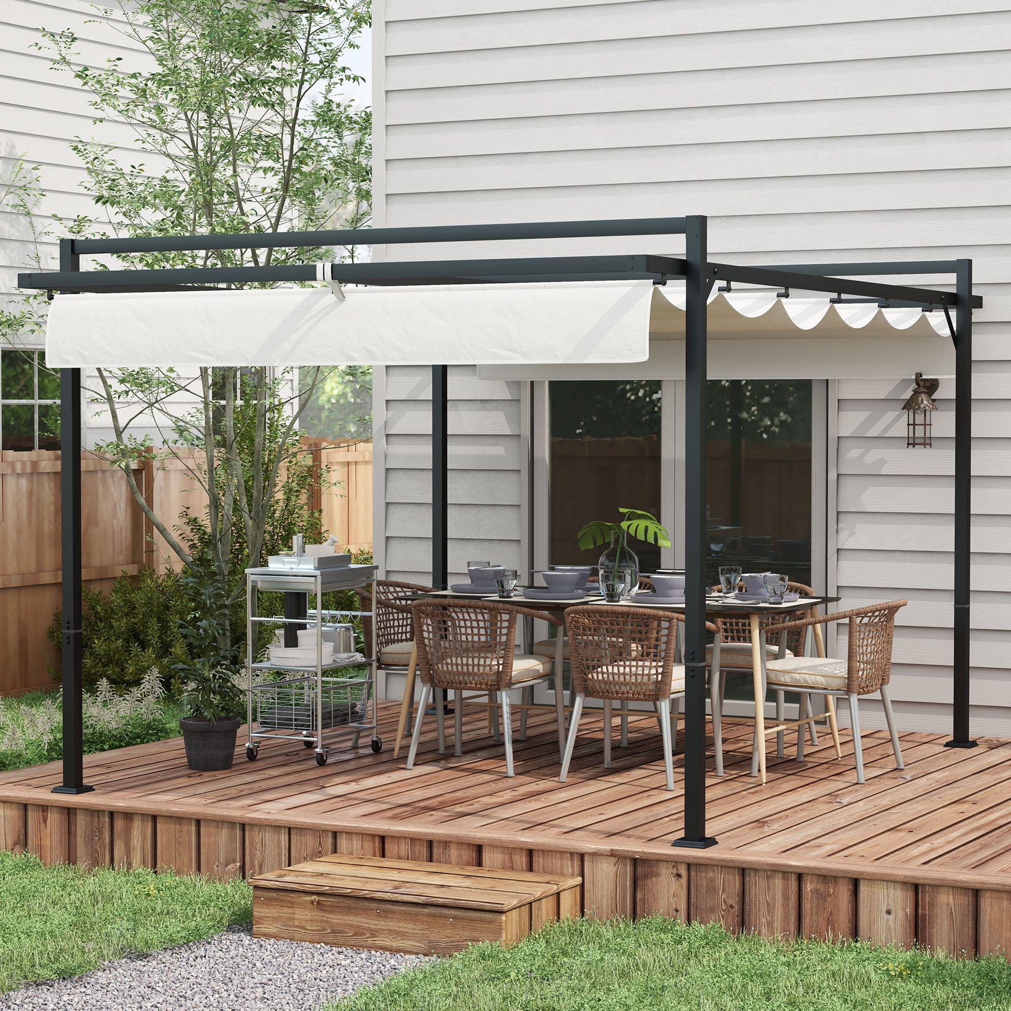 Outsunny Pérgola 3x4 m Gazebo Cenador de Jardín con Techo Retráctil de Poliéster y 12 Orificios de Drenaje Pérgola para Patio Terraza Exterior Blanco y Gris Oscuro
