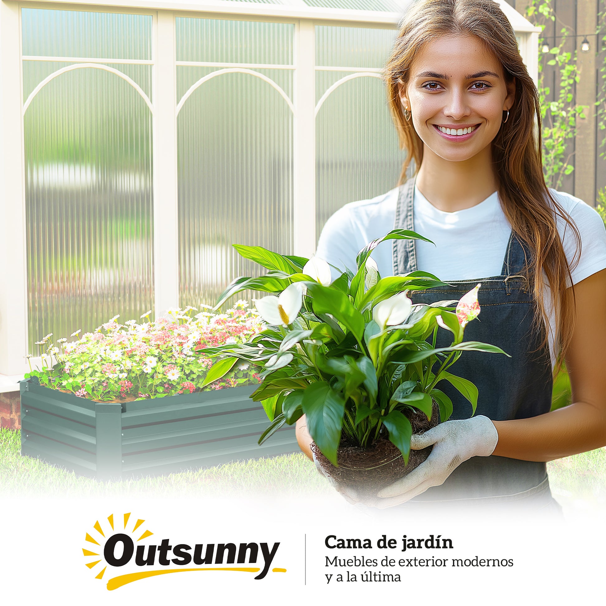 Outsunny Jardinera Exterior Grande Rectangular de Acero Galvanizado, Huerto Urbano para Cultivar Plantas Hierba, Macetero Grande Exterior con Base Abierta Resistente a la Intemperie 240x60x30 cm Verde