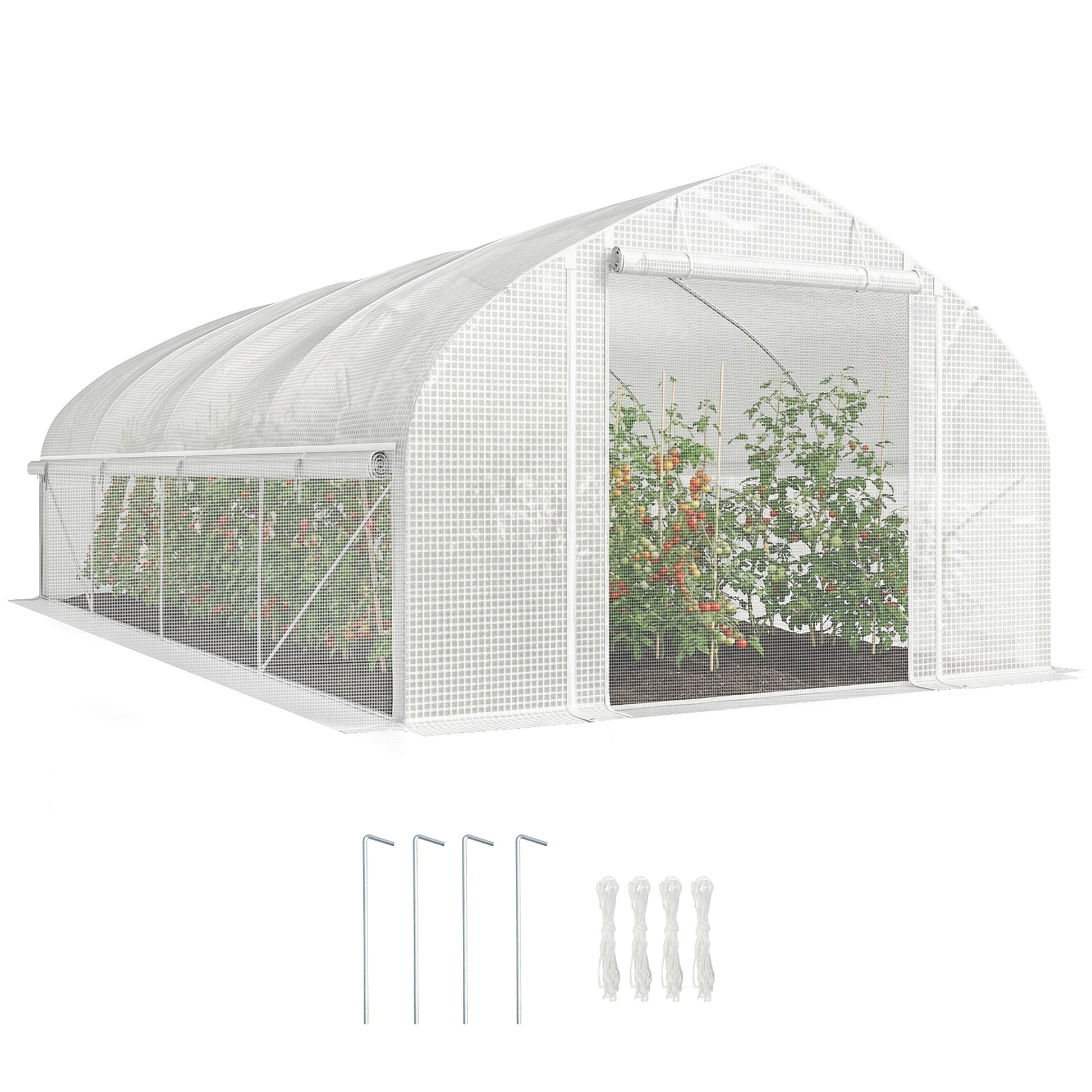 Outsunny Invernadero de Exterior, 6x3x2 m, Invernadero de Túnel con 8 Ventanas, Cubierta de PE, Anti-UV y Puerta Enrollable con Cremallera, Paredes Laterales con Malla, para Cultivos, Plantas, Blanco