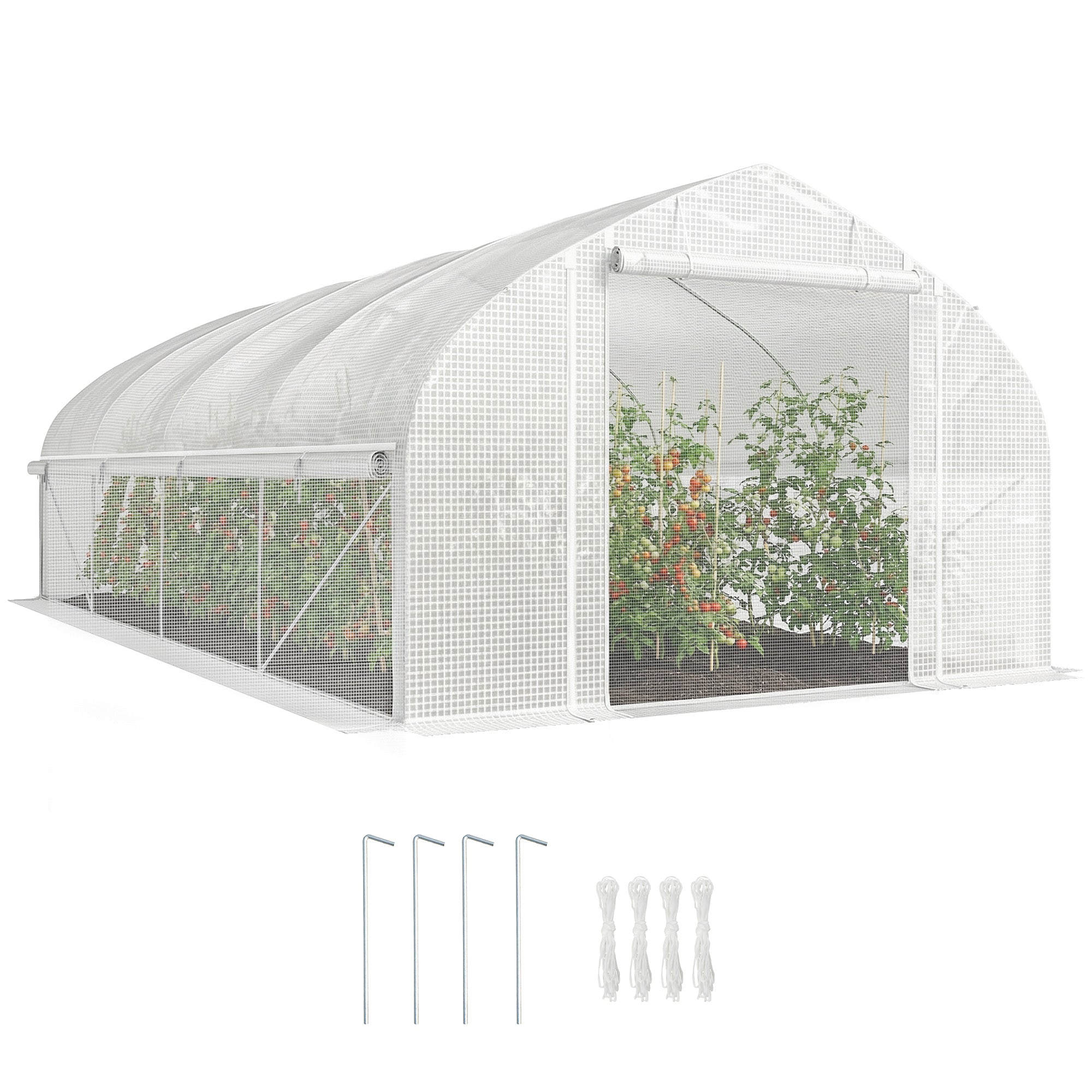 Outsunny Invernadero de Exterior, 6x3x2 m, Invernadero de Túnel con 8 Ventanas, Cubierta de PE, Anti-UV y Puerta Enrollable con Cremallera, Paredes Laterales con Malla, para Cultivos, Plantas, Blanco