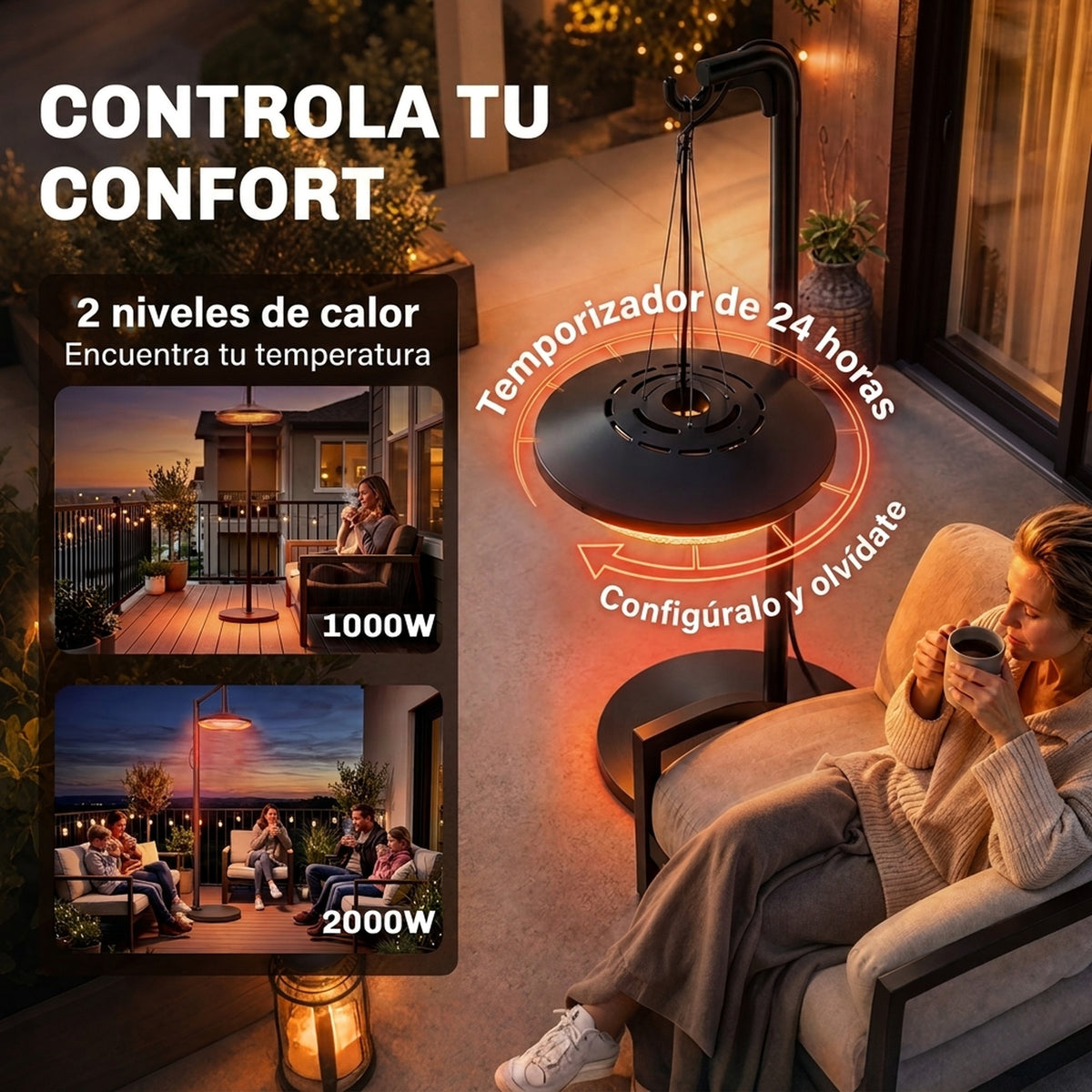 Outsunny Calefactor por Infrarrojos para Terraza Colgante 2000 W con Luz LED, Estufa Exterior Eléctrica con IP65, Control por Táctil/Mando a Distancia, 2 Niveles de Calor, Temporizador 24 h, Negro
