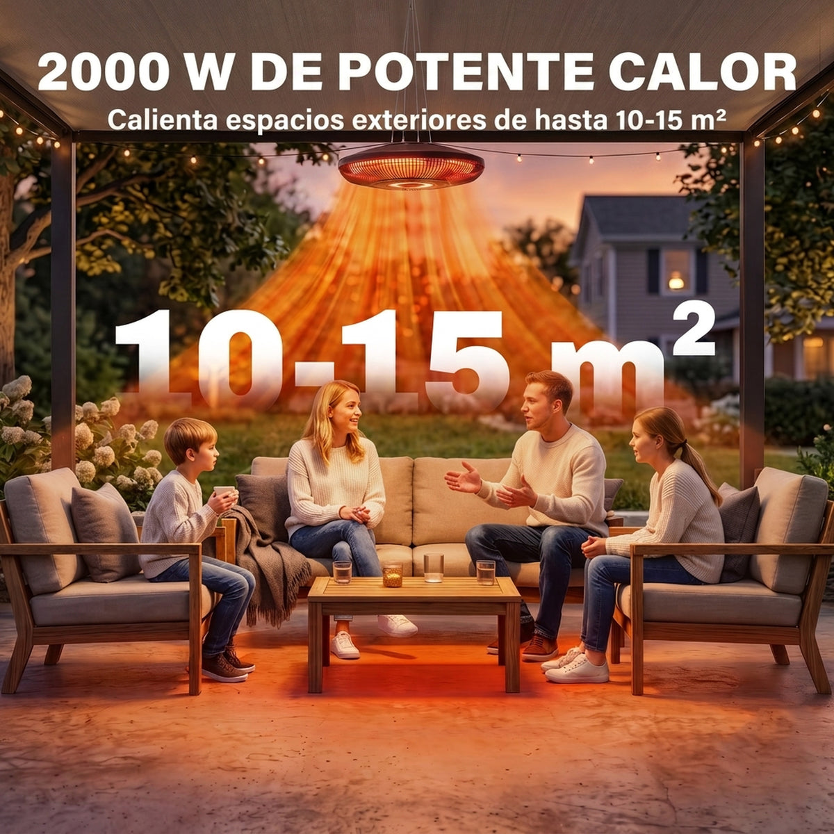 Outsunny Calefactor por Infrarrojos para Terraza Colgante 2000 W con Luz LED, Estufa Exterior Eléctrica con IP65, Control por Táctil/Mando a Distancia, 2 Niveles de Calor, Temporizador 24 h, Negro