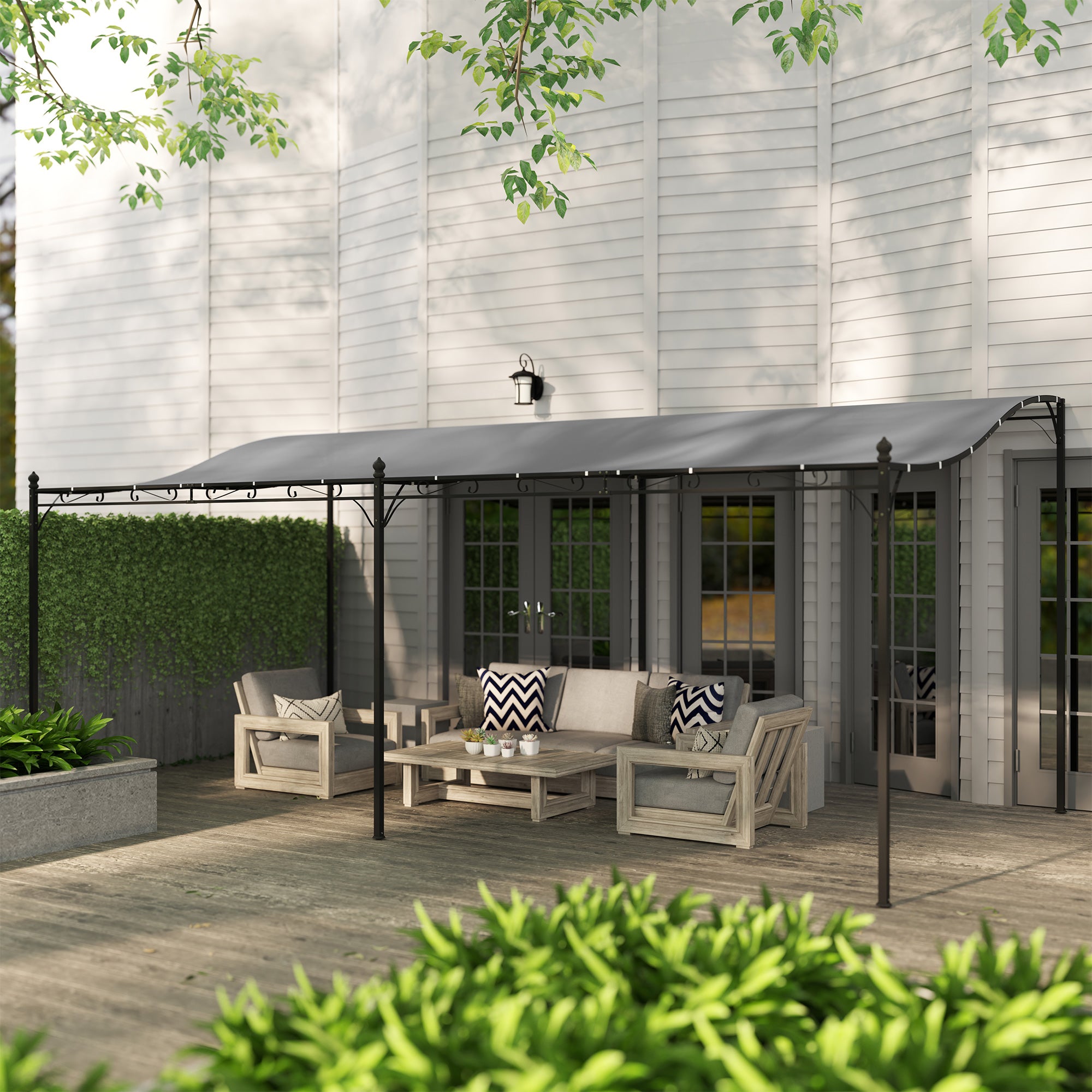 Outsunny Pérgola de Pared de Jardín 3x6 m, Cenador de Jardín con Techo Inclinado, Orificios de Drenaje y Estructura Metálica, Resistente a la Intemperie, para Patio, Terraza, Balcón, Gris Oscuro