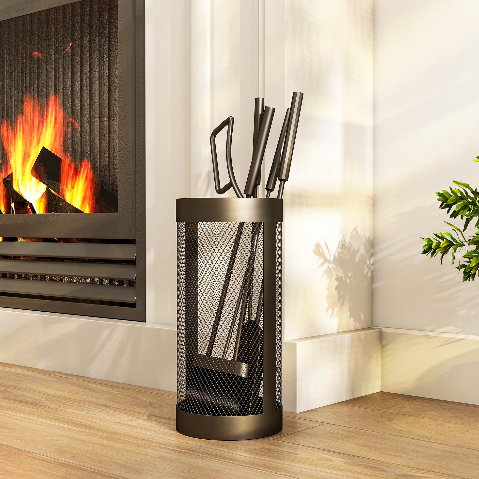 Outsunny Juego Utensilios Chimenea de 5 Piezas, Juego de Accesorios para Chimenea de Metal con Escoba, Pala, Tenazas, Atizador y Soporte, Ø16x33,5 cm, Negro