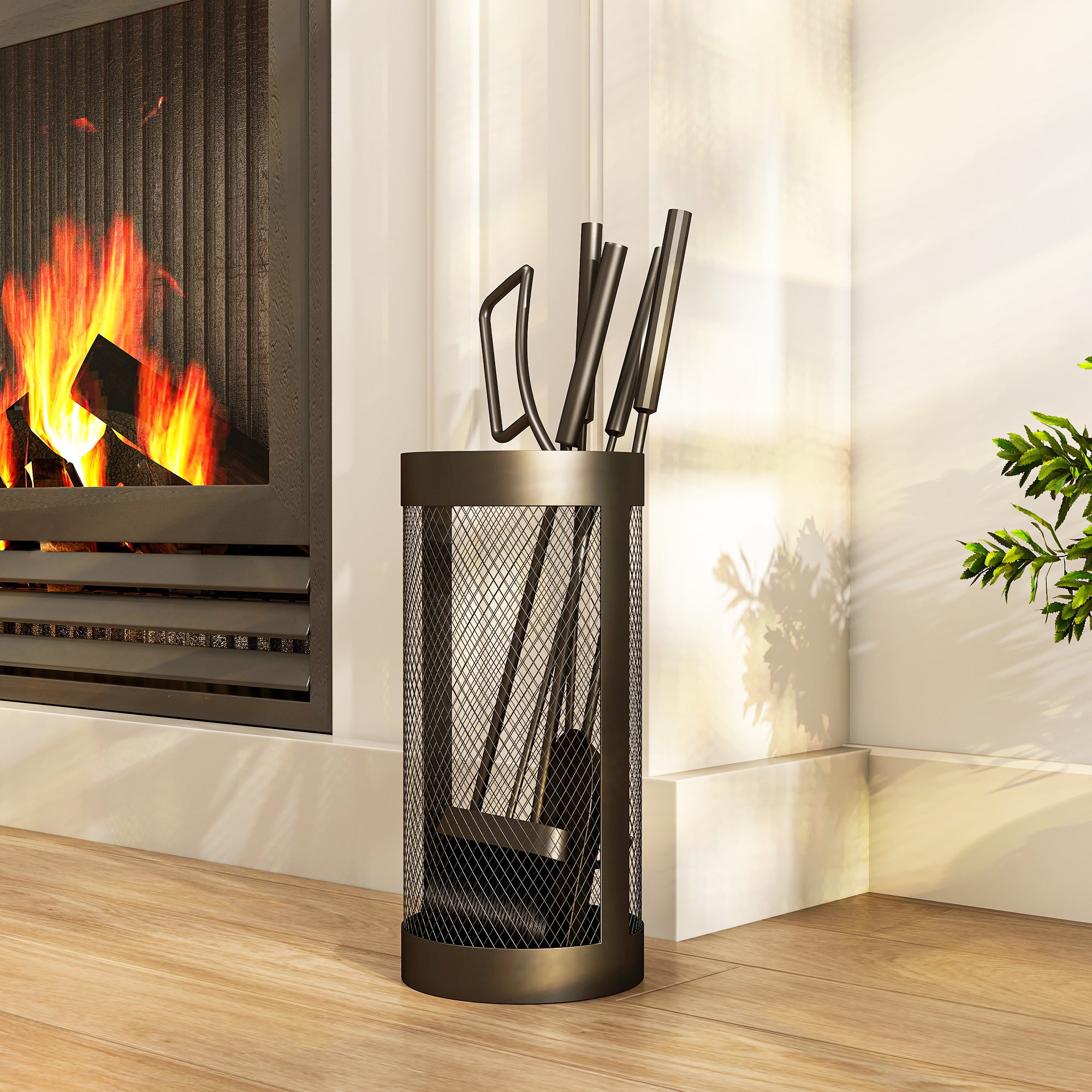 Outsunny Juego Utensilios Chimenea de 5 Piezas, Juego de Accesorios para Chimenea de Metal con Escoba, Pala, Tenazas, Atizador y Soporte, Ø16x33,5 cm, Negro