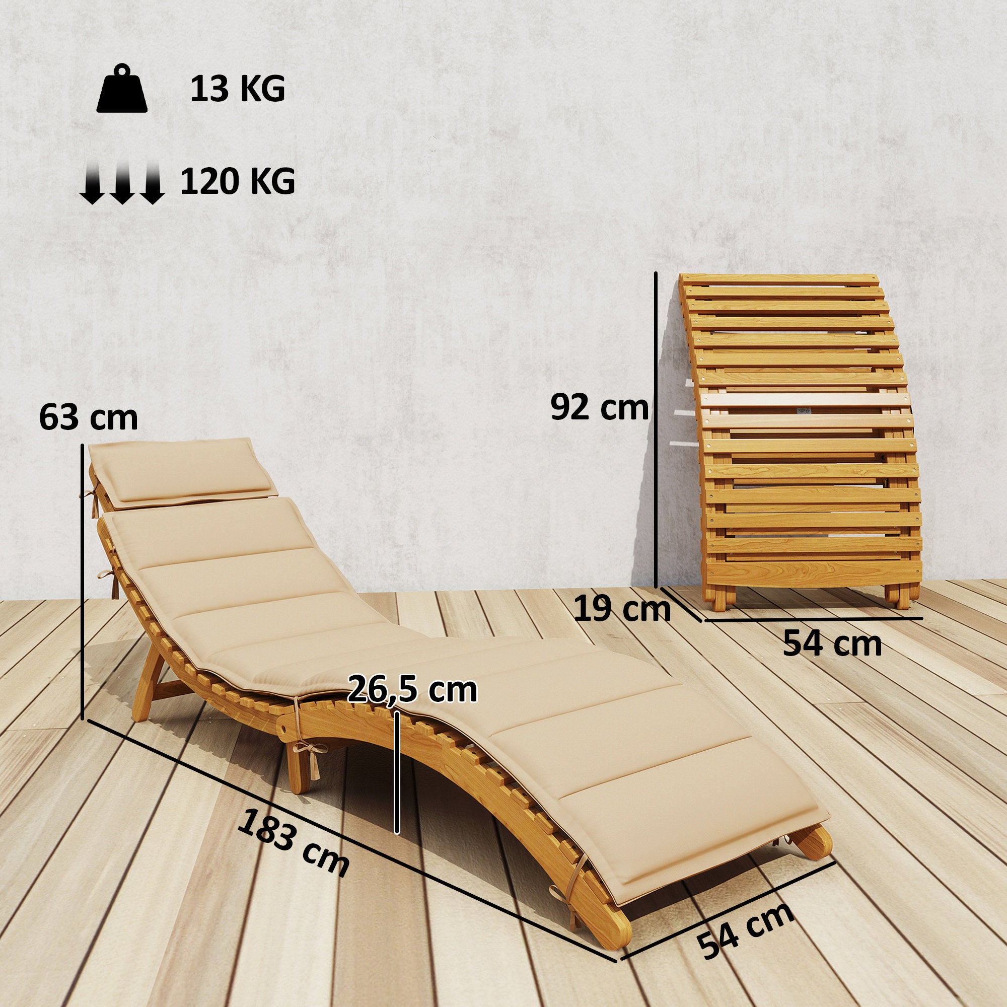 Outsunny Tumbona Plegable de Madera de Acacia con Cojín y Reposacabezas, Tumbona Jardín Exterior con Asa de Transporte, Carga 120 kg, para Patio, Terraza, Piscina, 183x54x63 cm, Beige