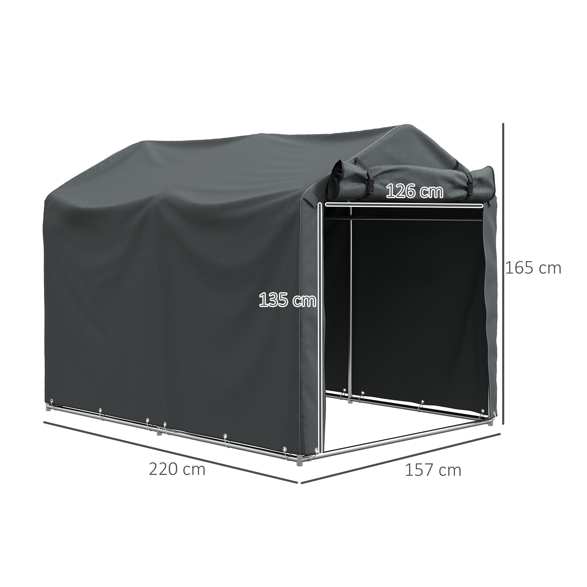 Outsunny Carpa de Jardín Exterior para Herramientas Bicicletas 2,2x1,57x1,65 m, Cobertizo Exterior con Puerta Desmontable con Cremallera, Impermeable, Anti-UV, Garaje Portátil, Gris Oscuro