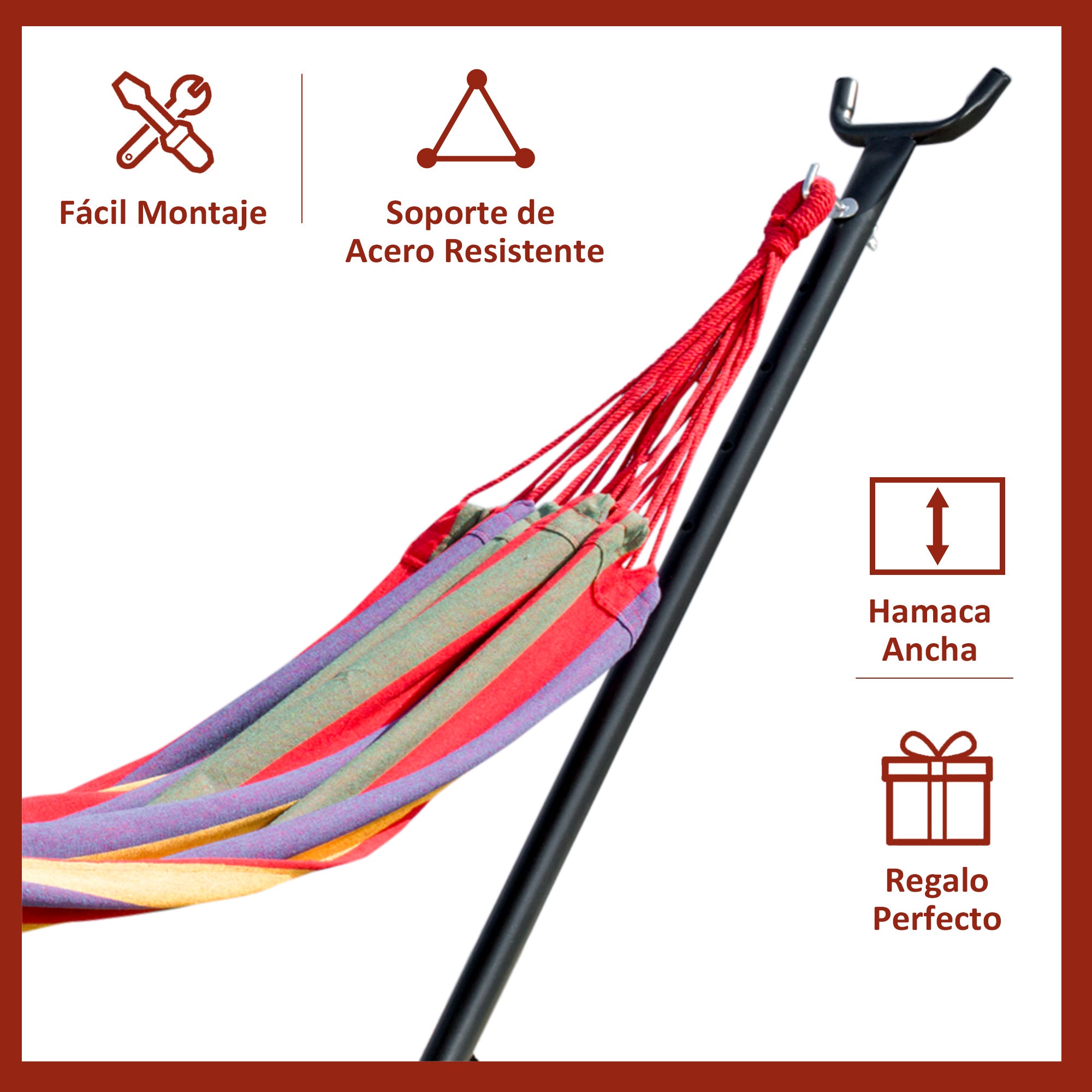 Outsunny Hamaca con Soporte de Acero Hamaca para Jardín Portátil con Altura Ajustable en 6 Niveles y Bolsa de Transporte para Patio Carga 120 kg 200x150 cm Multicolor