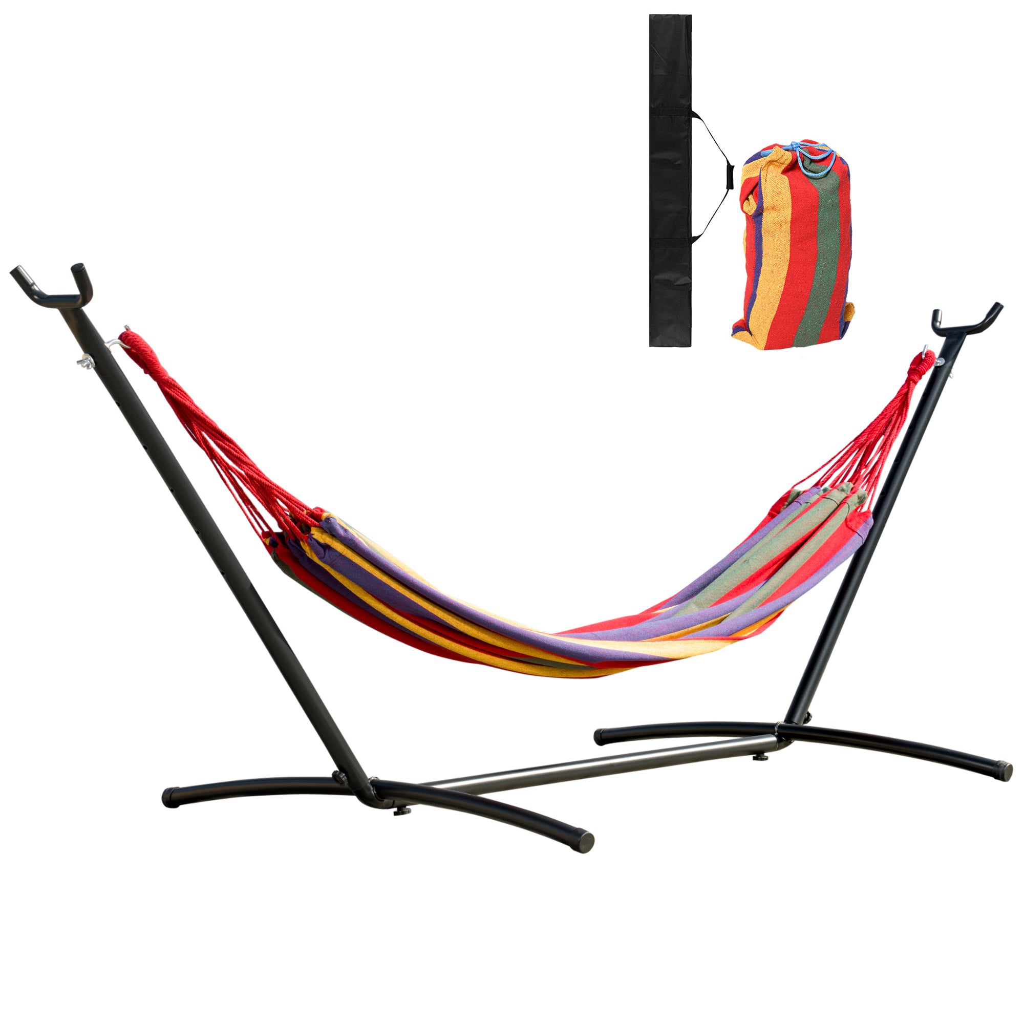 Outsunny Hamaca con Soporte de Acero Hamaca para Jardín Portátil con Altura Ajustable en 6 Niveles y Bolsa de Transporte para Patio Carga 120 kg 200x150 cm Multicolor
