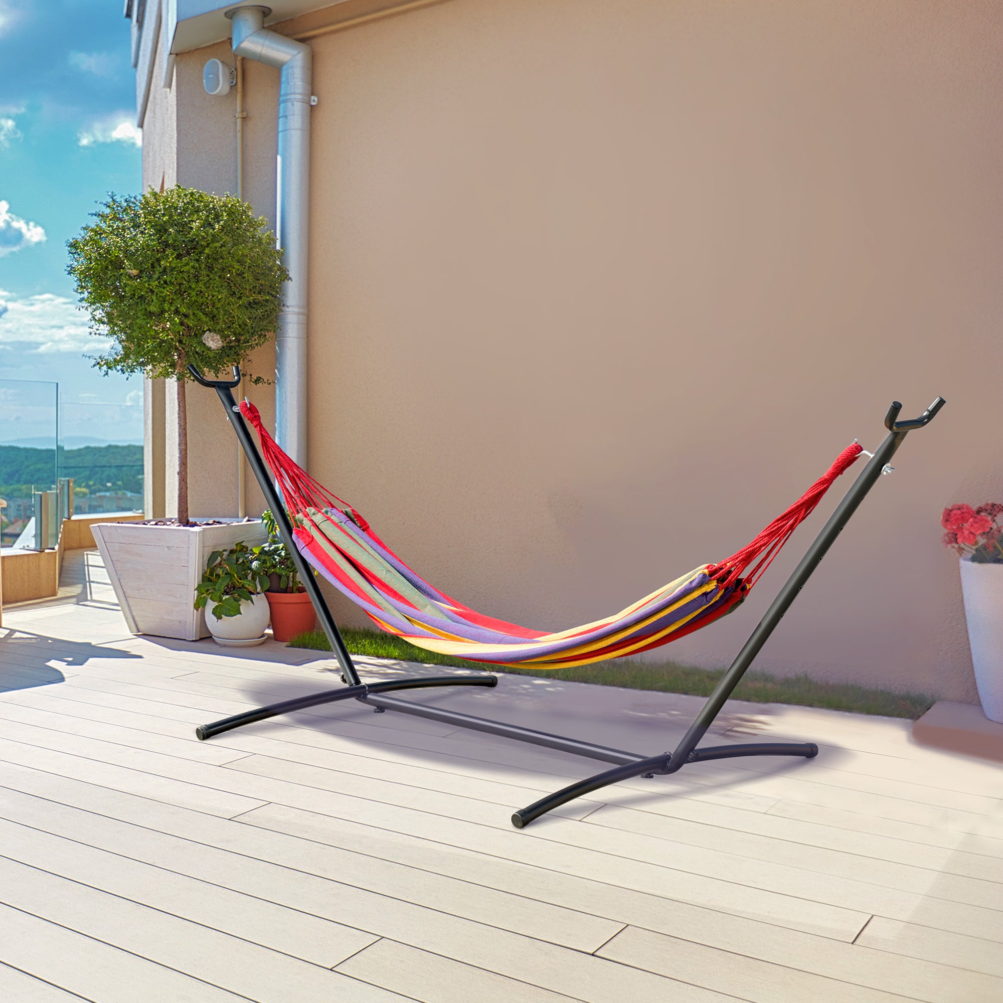 Outsunny Hamaca con Soporte de Acero Hamaca para Jardín Portátil con Altura Ajustable en 6 Niveles y Bolsa de Transporte para Patio Carga 120 kg 200x150 cm Multicolor