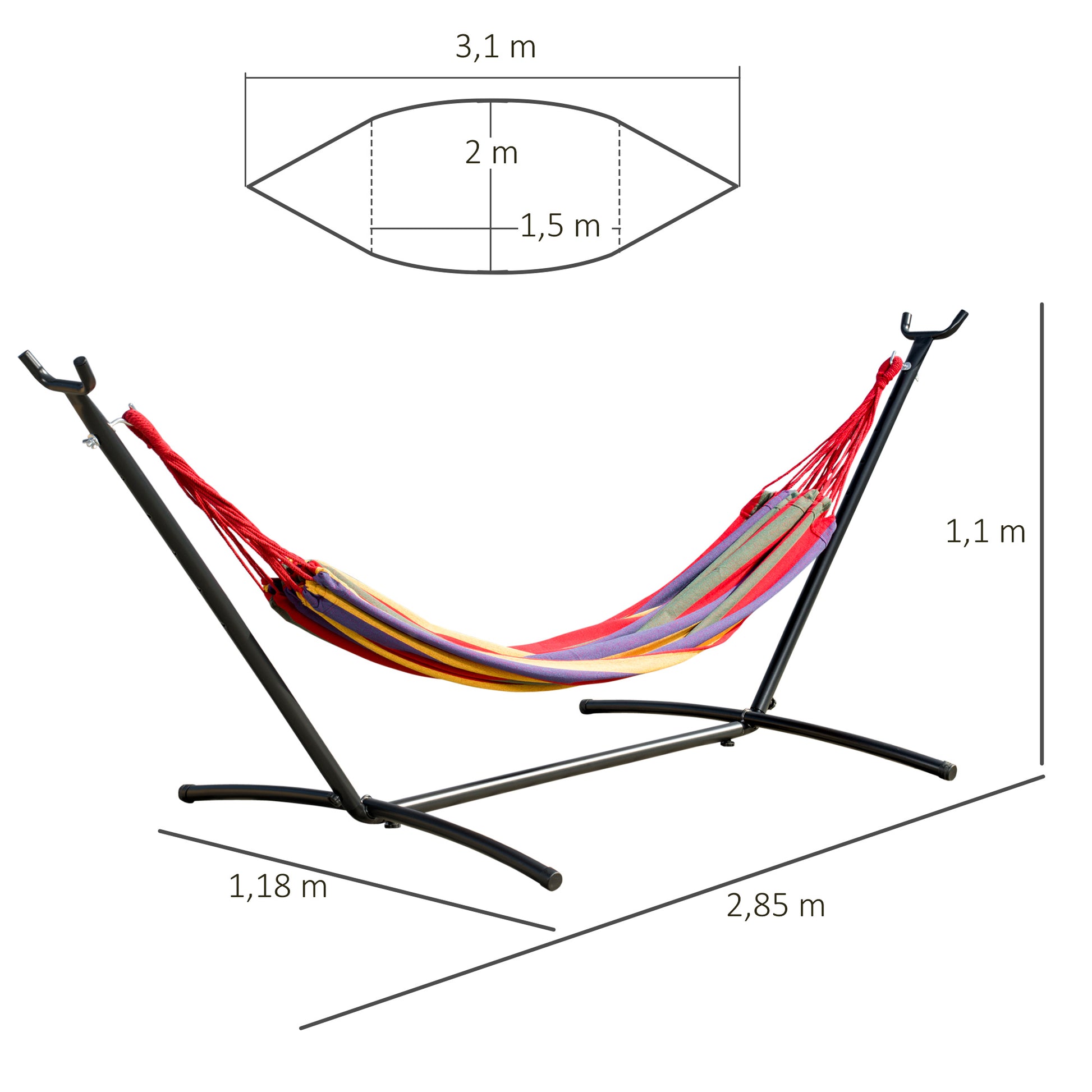 Outsunny Hamaca con Soporte de Acero Hamaca para Jardín Portátil con Altura Ajustable en 6 Niveles y Bolsa de Transporte para Patio Carga 120 kg 200x150 cm Multicolor