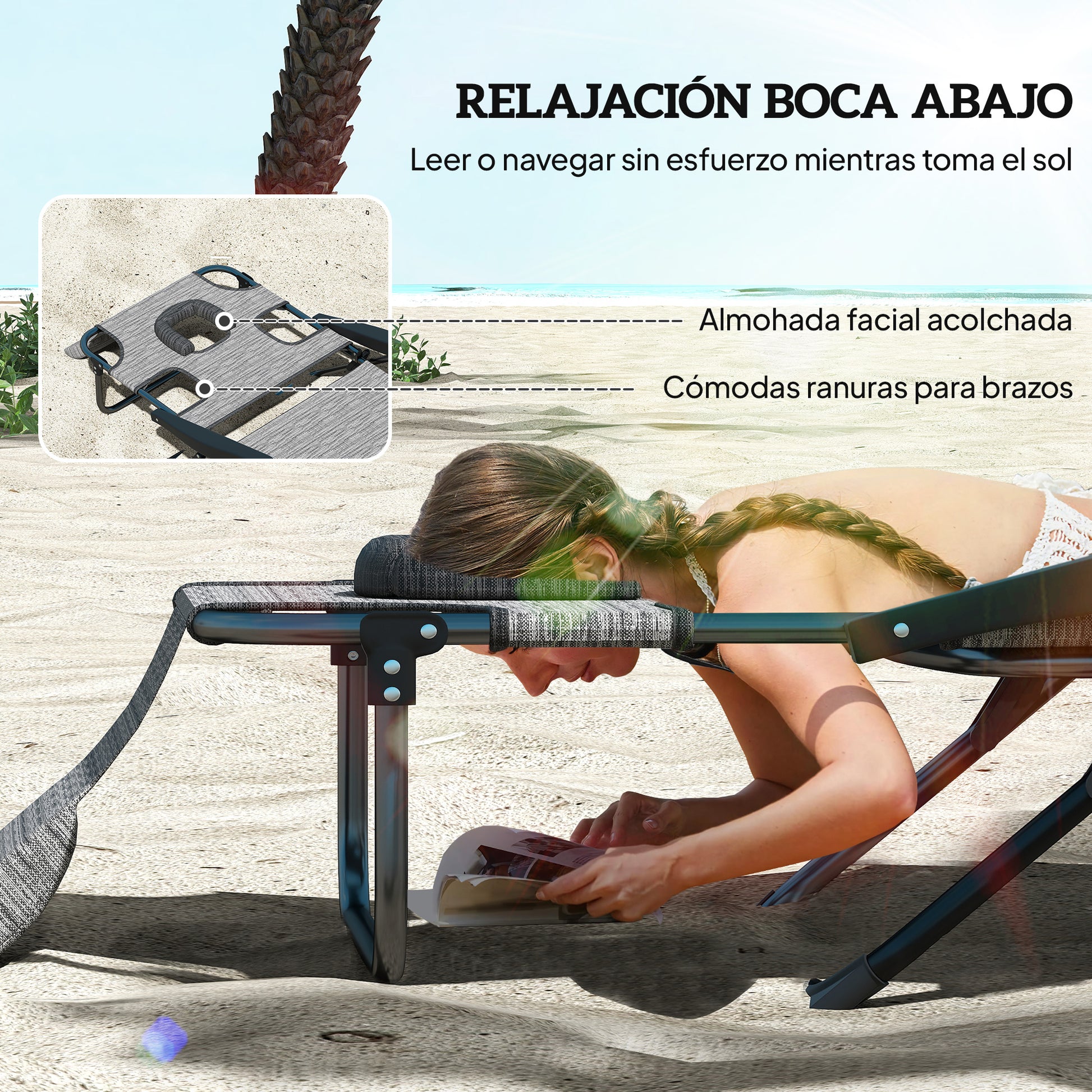Outsunny Tumbona Plegable Tumbona de Jardín con Respaldo Ajustable en 4 Niveles Orificio de Lectura y Reposacabezas para Terraza Piscina 194x72x31 cm Gris