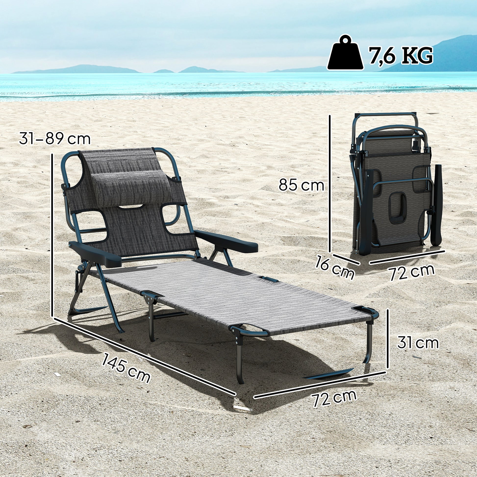 Outsunny Tumbona Plegable Tumbona de Jardín con Respaldo Ajustable en 4 Niveles Orificio de Lectura y Reposacabezas para Terraza Piscina 194x72x31 cm Gris
