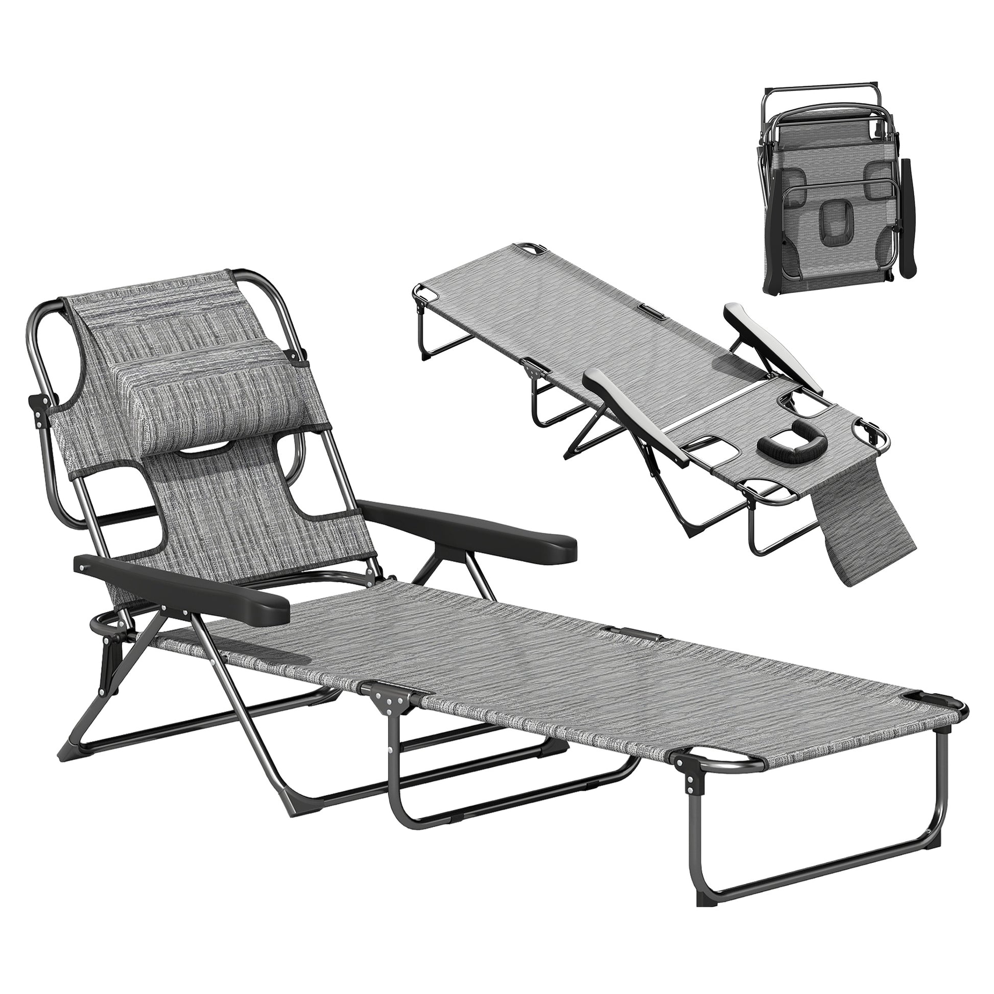 Outsunny Tumbona Plegable Tumbona de Jardín con Respaldo Ajustable en 4 Niveles Orificio de Lectura y Reposacabezas para Terraza Piscina 194x72x31 cm Gris