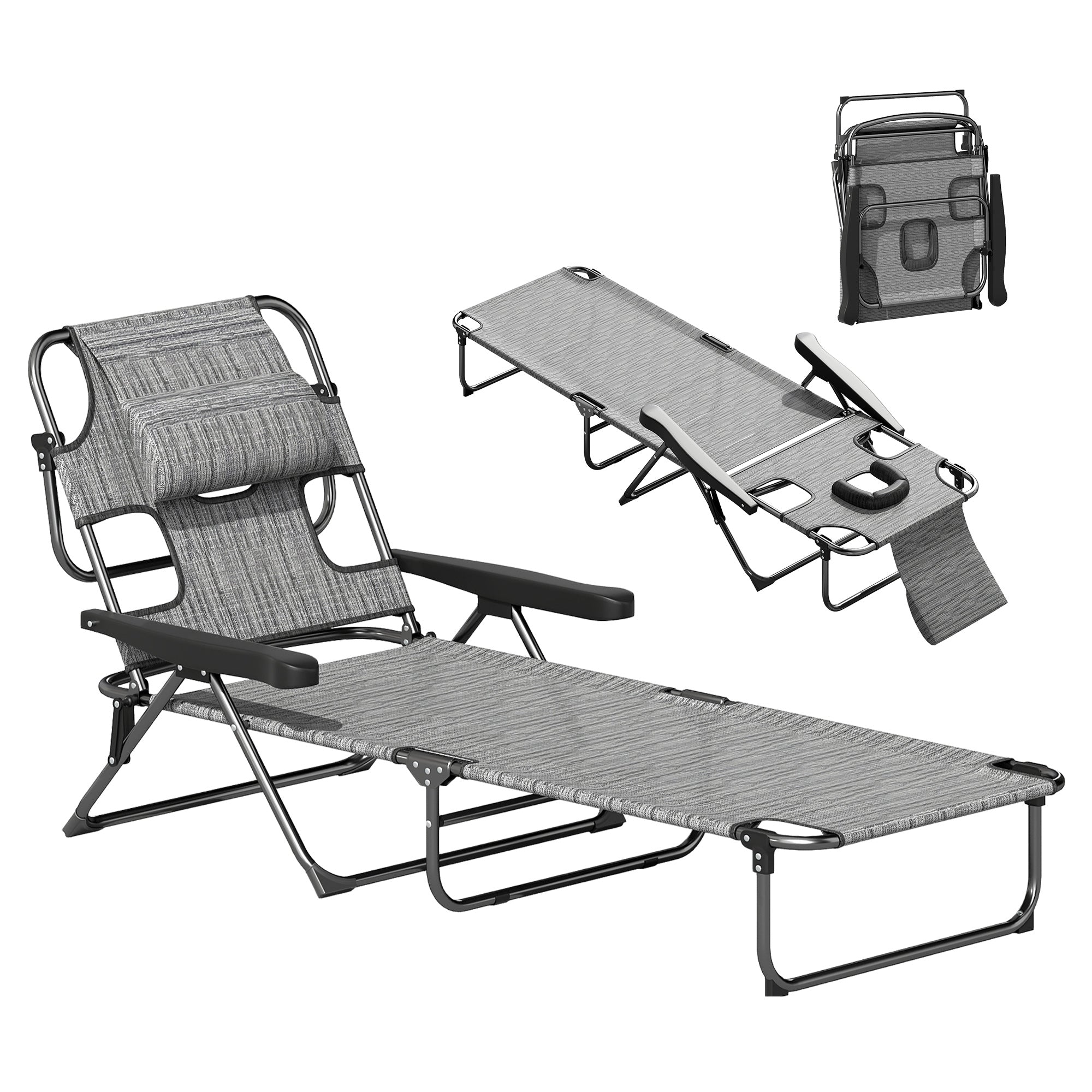 Outsunny Tumbona Plegable Tumbona de Jardín con Respaldo Ajustable en 4 Niveles Orificio de Lectura y Reposacabezas para Terraza Piscina 194x72x31 cm Gris