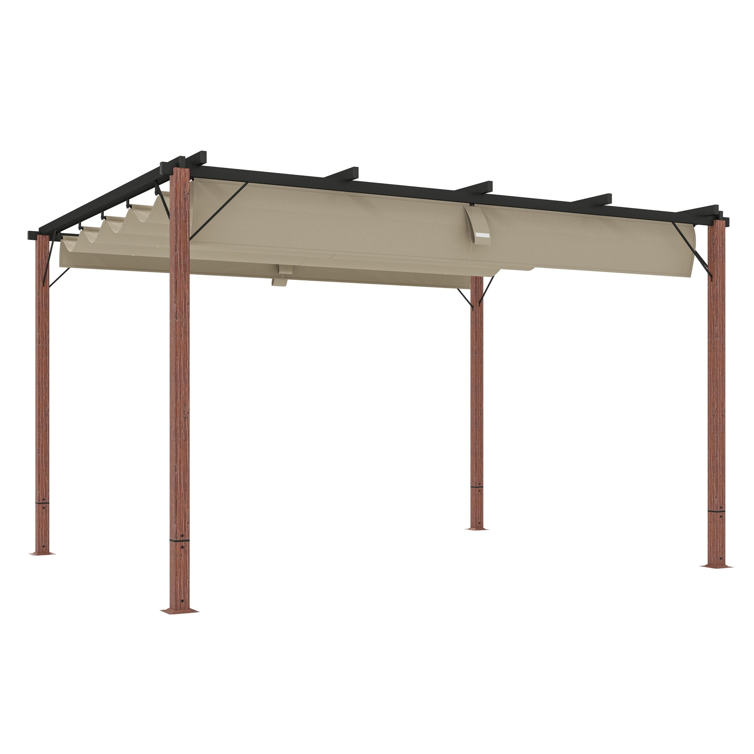 Outsunny Pérgola con Techo Retráctil Pérgola de Aluminio 4x3 m Cenador con Tela de Poliéster Anti-UV Resistente al Agua Pabellón para Jardín Patio Terraza Exterior Natural y Café