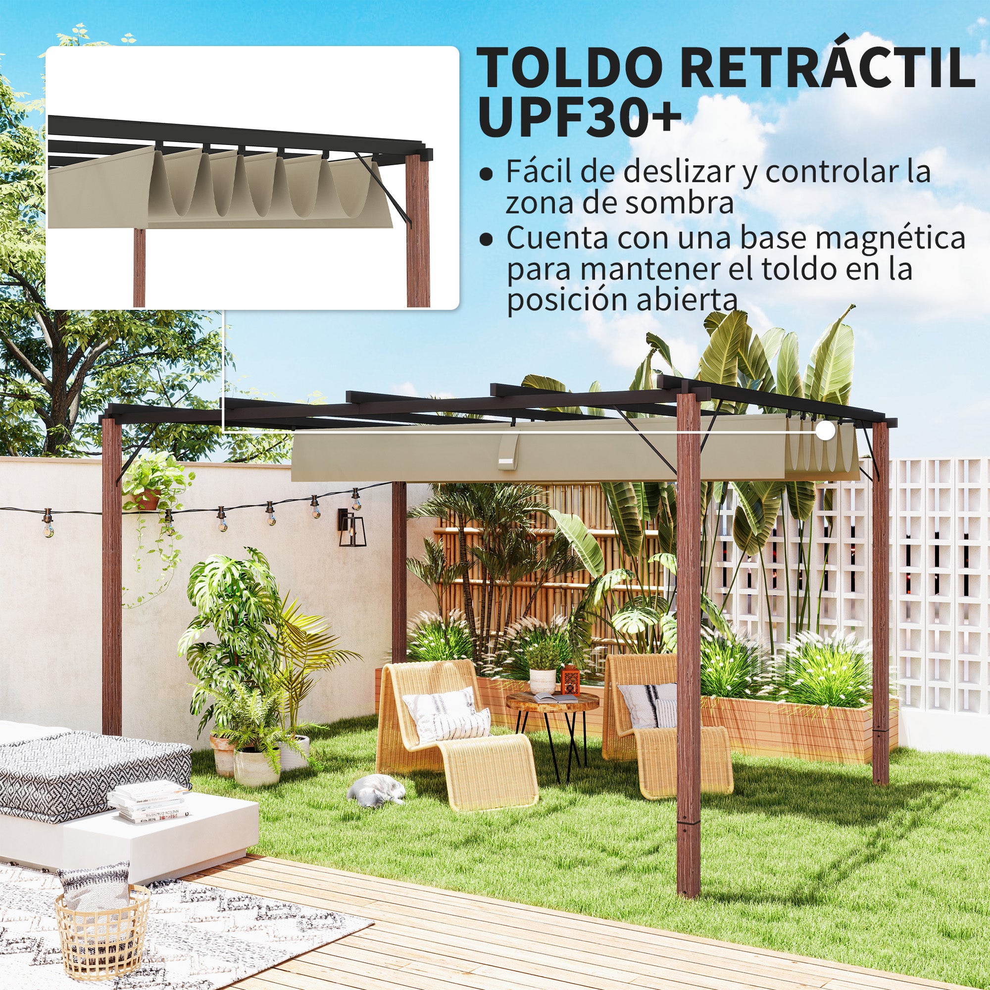 Outsunny Pérgola con Techo Retráctil Pérgola de Aluminio 4x3 m Cenador con Tela de Poliéster Anti-UV Resistente al Agua Pabellón para Jardín Patio Terraza Exterior Natural y Café