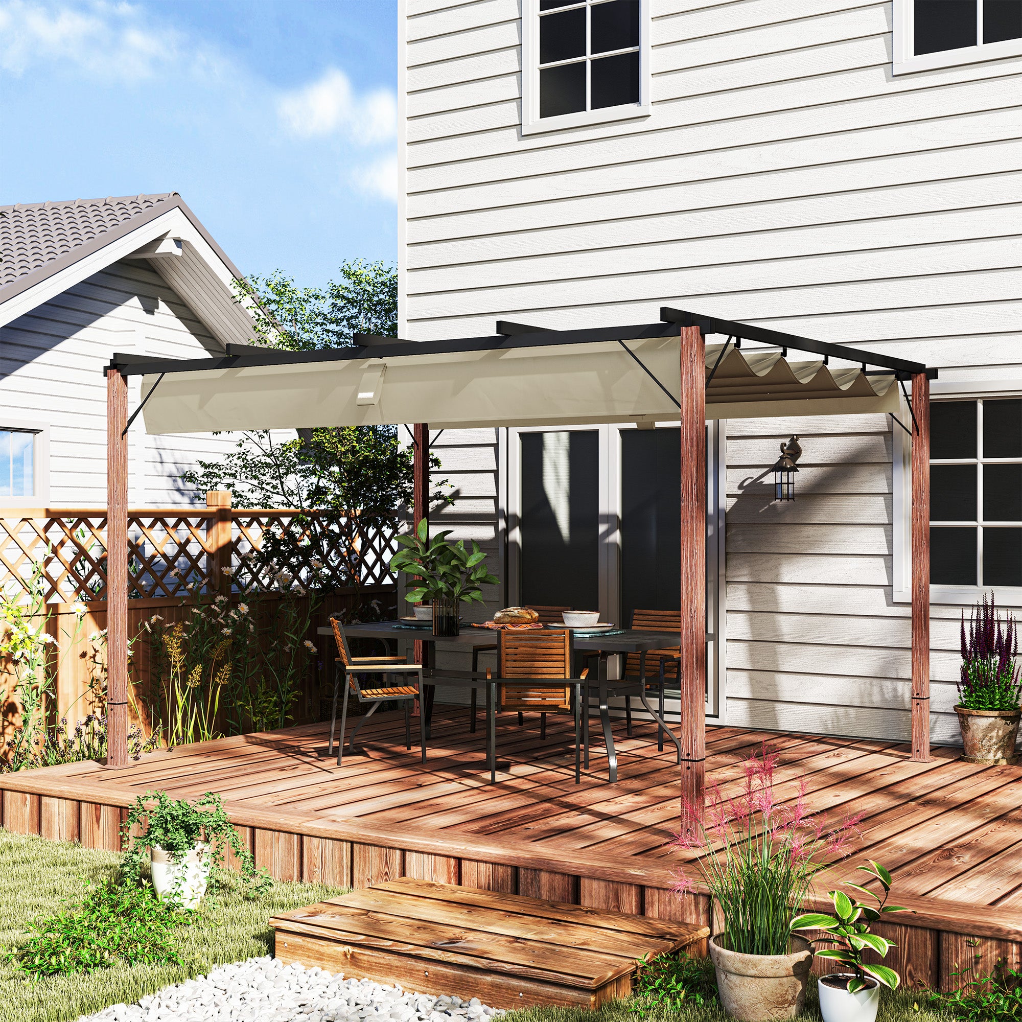 Outsunny Pérgola con Techo Retráctil Pérgola de Aluminio 4x3 m Cenador con Tela de Poliéster Anti-UV Resistente al Agua Pabellón para Jardín Patio Terraza Exterior Natural y Café