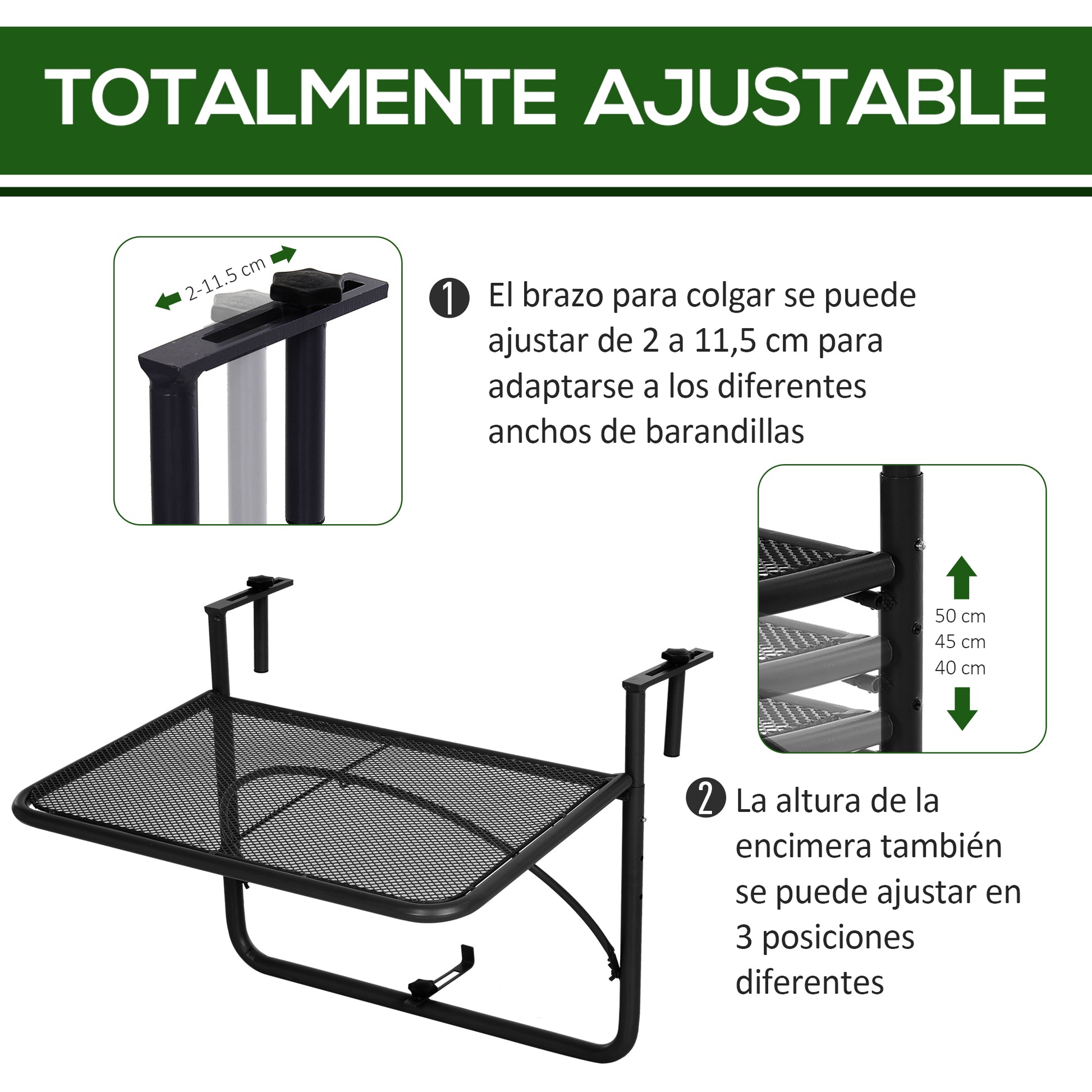 Outsunny Mesa Colgante de Balcón con Brazo Regulable y Altura Ajustable en 3 Posiciones Marco Metálico Carga Máx. 30 kg 60x56,5x45 cm Negro