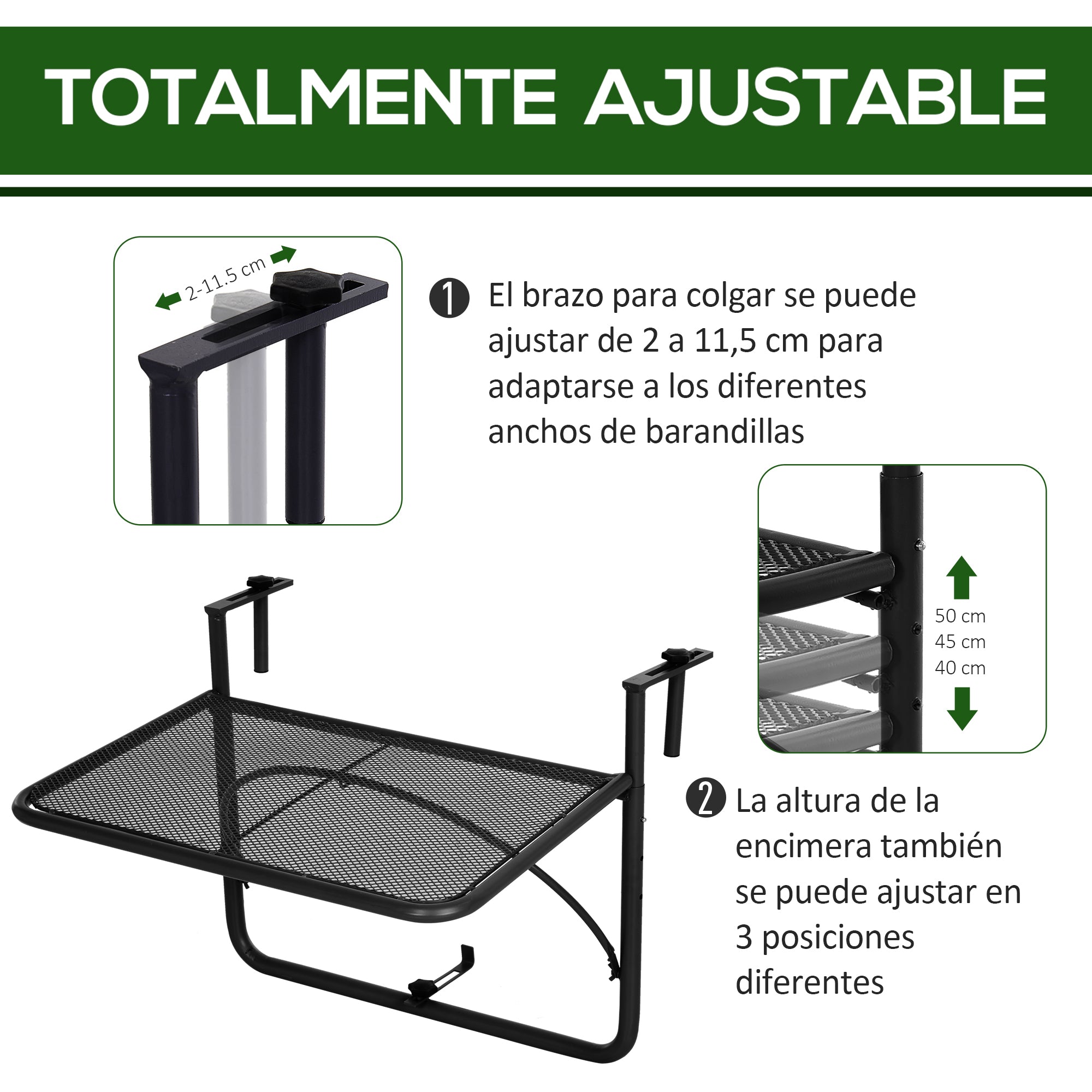 Outsunny Mesa Colgante de Balcón con Brazo Regulable y Altura Ajustable en 3 Posiciones Marco Metálico Carga Máx. 30 kg 60x56,5x45 cm Negro