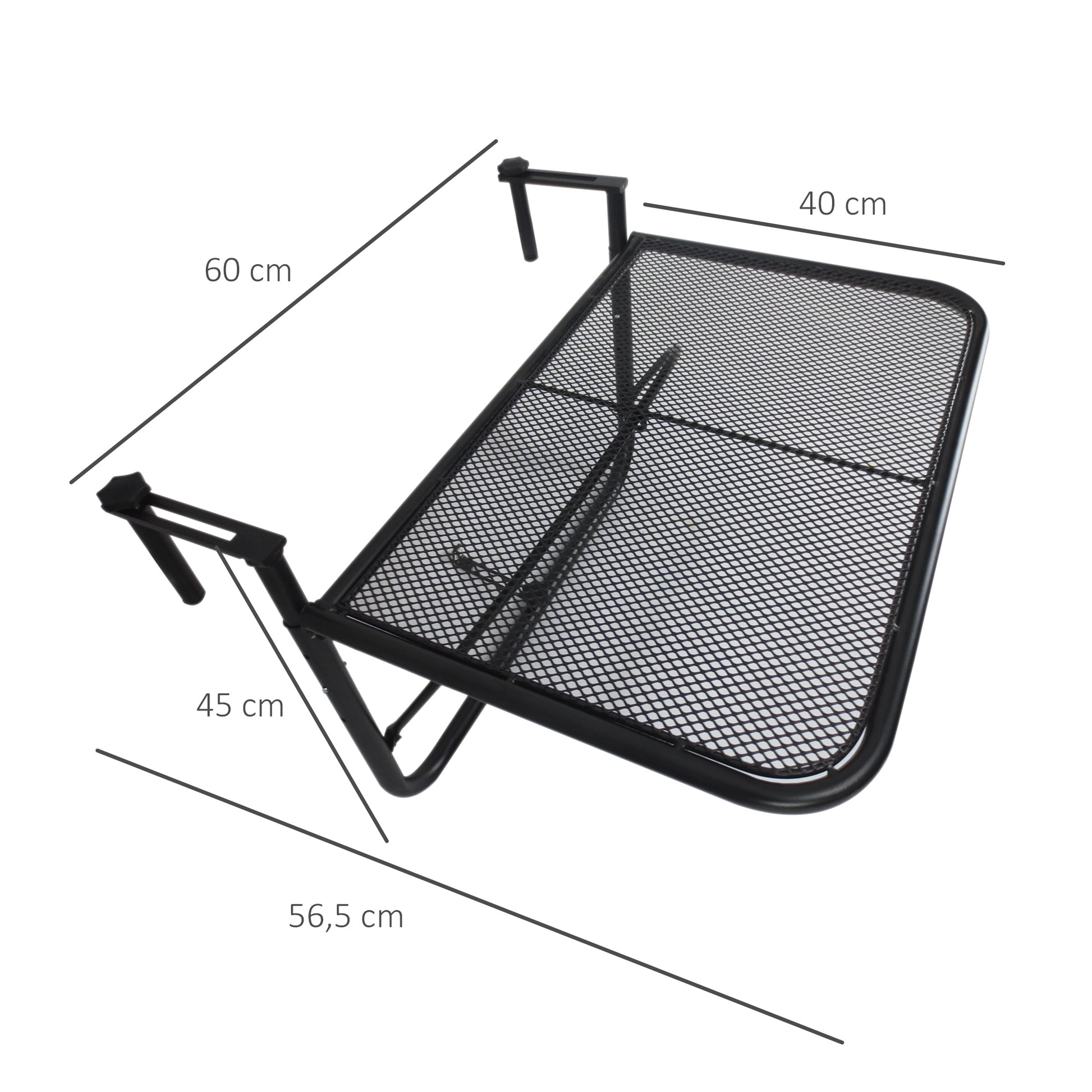 Outsunny Mesa Colgante de Balcón con Brazo Regulable y Altura Ajustable en 3 Posiciones Marco Metálico Carga Máx. 30 kg 60x56,5x45 cm Negro