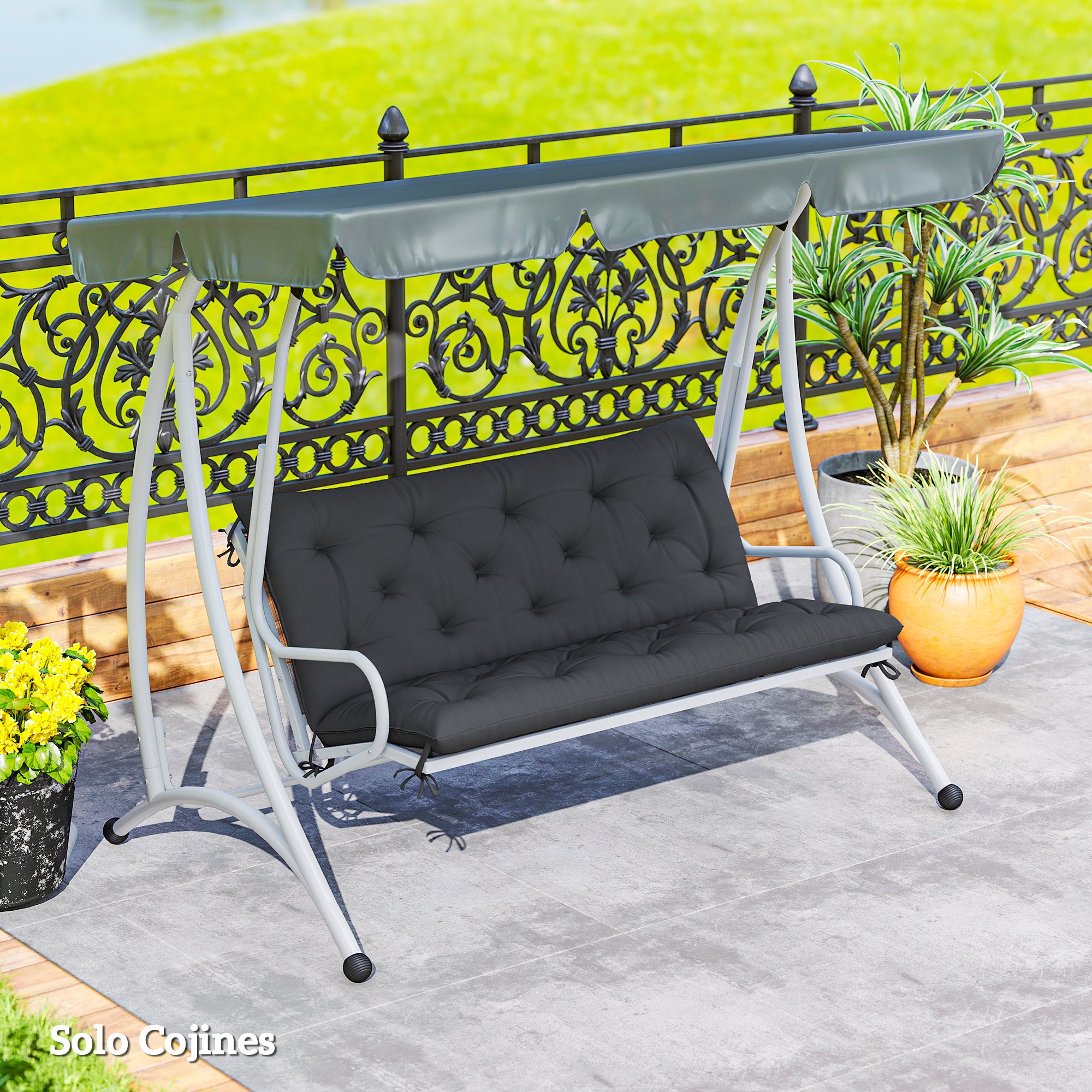 Outsunny Cojín para Banco con Respaldo 120x110x12 cm Colchón de Banco de Jardín de 2 Plazas con 6 Cordones de Fijación para Columpio de Jardín Terraza Negro
